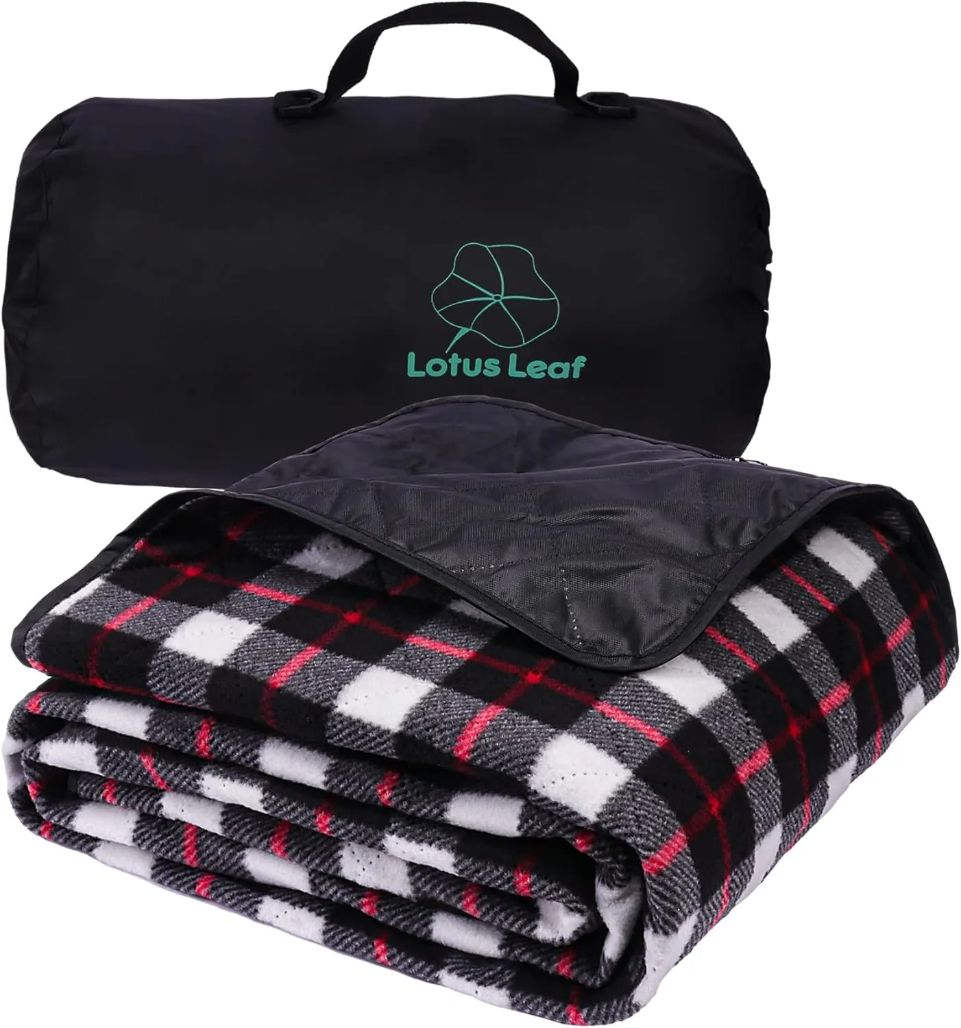 LOTUS LEAF Waterproof Stadium Blanket 85”X 55” Packable,Windproof Extra Thick Picnic mat, Stadium Blankets for Camping with Quilted Fleece Lining,Machine Washable,Black (Red Check)