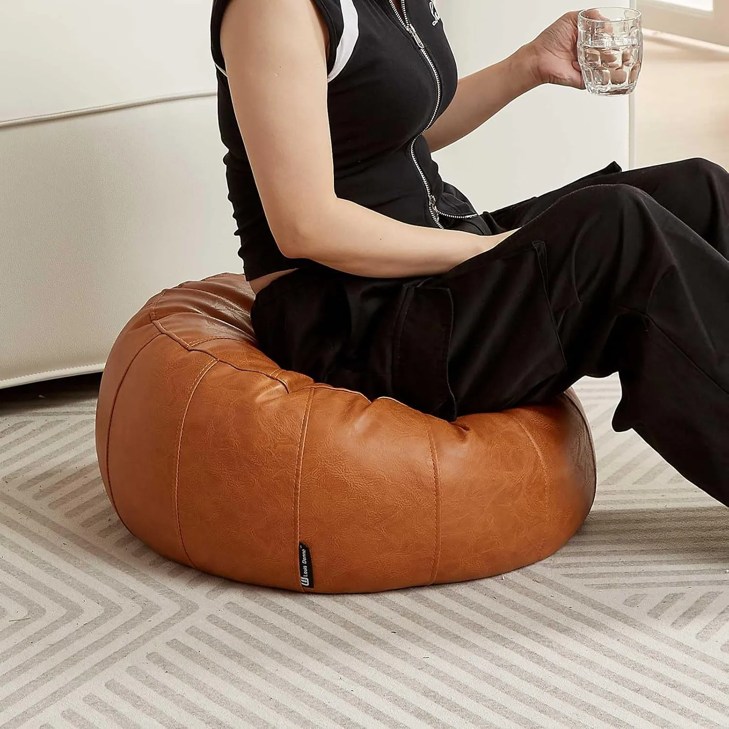 Louis Donné Unstuffed Pouf Ottoman Foot Rest Cover Only Storage Cloth Blancket Waterprof Faux Leather Small Bean Bag Cover Reading Relax Floor Chair Pet Friendly Easy Clean Waterproof (Orange)