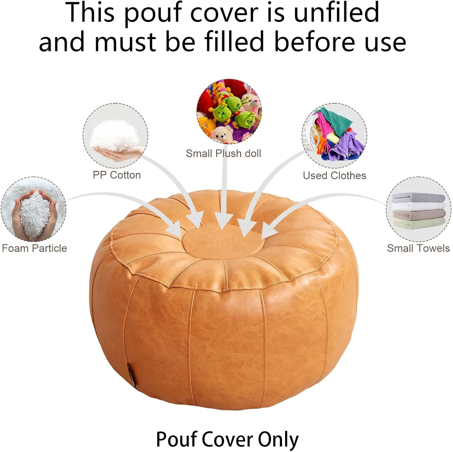 Louis Donné Unstuffed Pouf Ottoman Foot Rest Cover Only Storage Cloth Blancket Waterprof Faux Leather Small Bean Bag Cover Reading Relax Floor Chair Pet Friendly Easy Clean Waterproof (Orange)