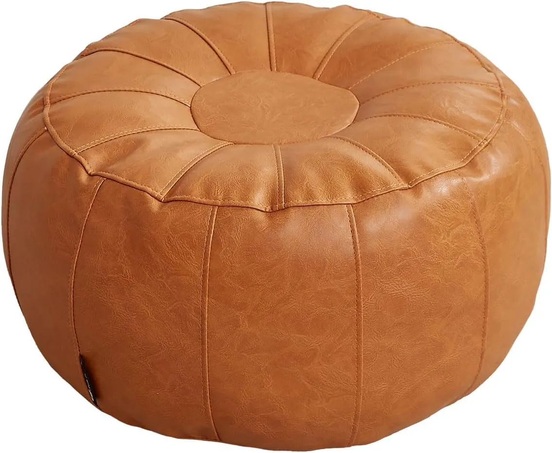 Louis Donné Unstuffed Pouf Ottoman Foot Rest Cover Only Storage Cloth Blancket Waterprof Faux Leather Small Bean Bag Cover Reading Relax Floor Chair Pet Friendly Easy Clean Waterproof (Orange)