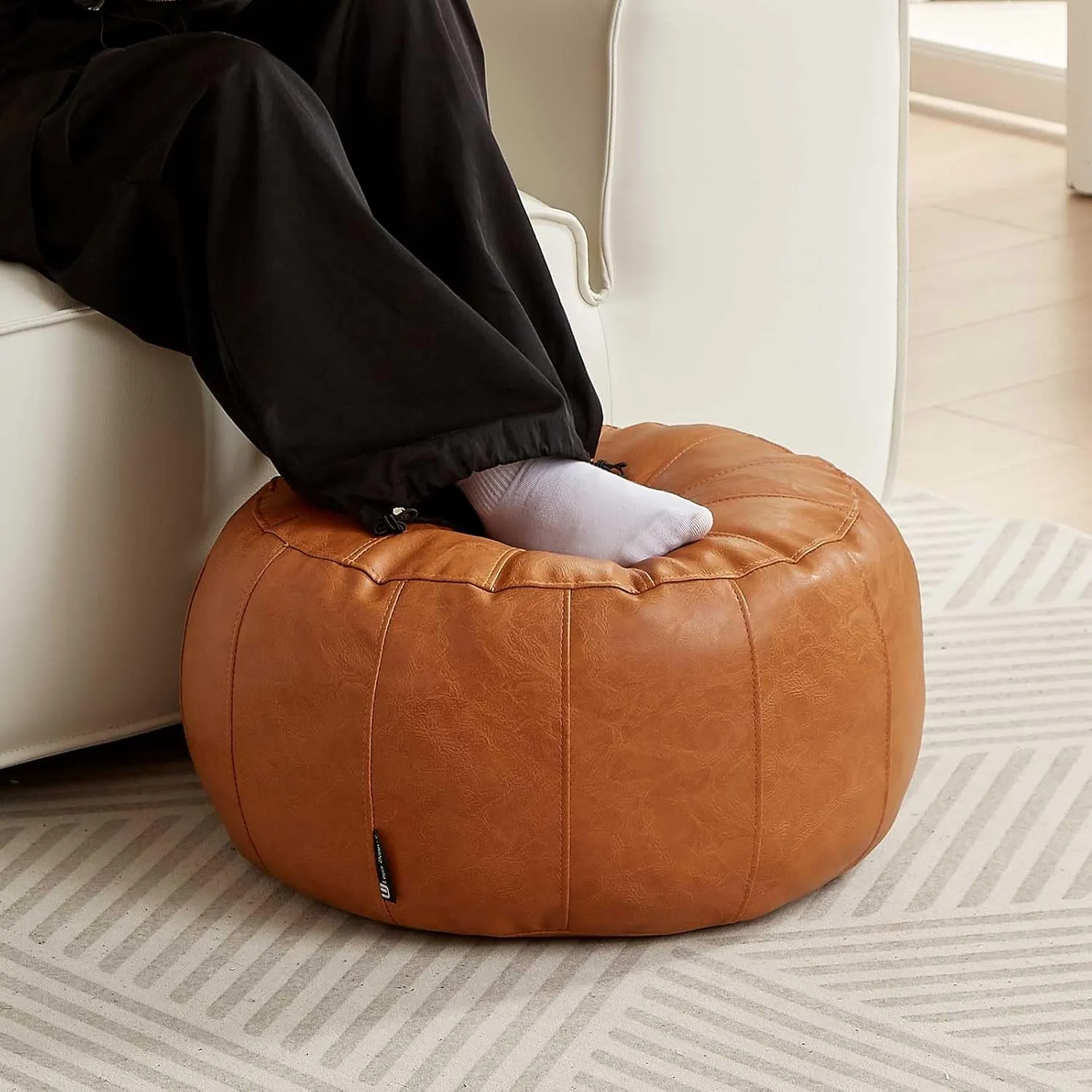 Louis Donné Unstuffed Pouf Ottoman Foot Rest Cover Only Storage Cloth Blancket Waterprof Faux Leather Small Bean Bag Cover Reading Relax Floor Chair Pet Friendly Easy Clean Waterproof (Orange)