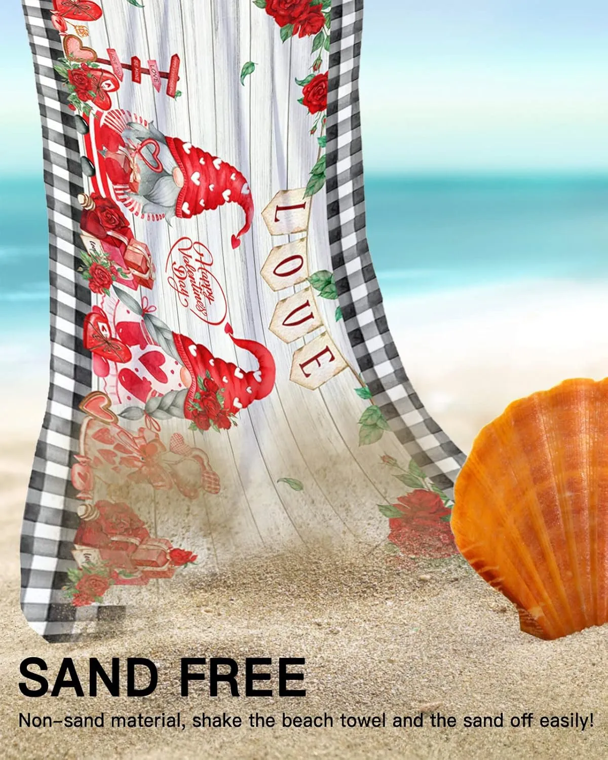 Love Banner Sand Free Beach Towel 35x71 Inch Quick Dry Water Absorbent Beach Towel Perfect as Beach Blanket, Camping Blanket, Yoga Mat Couple Gnomes White Wooden Grain Black Plaid