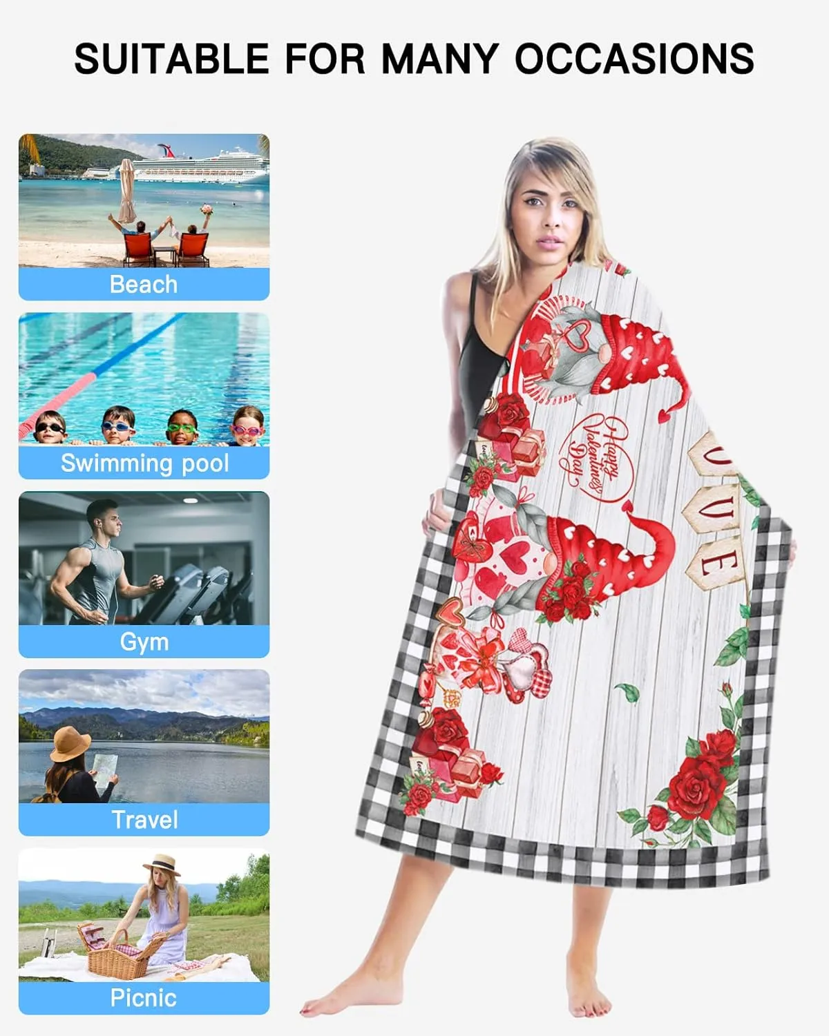 Love Banner Sand Free Beach Towel 35x71 Inch Quick Dry Water Absorbent Beach Towel Perfect as Beach Blanket, Camping Blanket, Yoga Mat Couple Gnomes White Wooden Grain Black Plaid