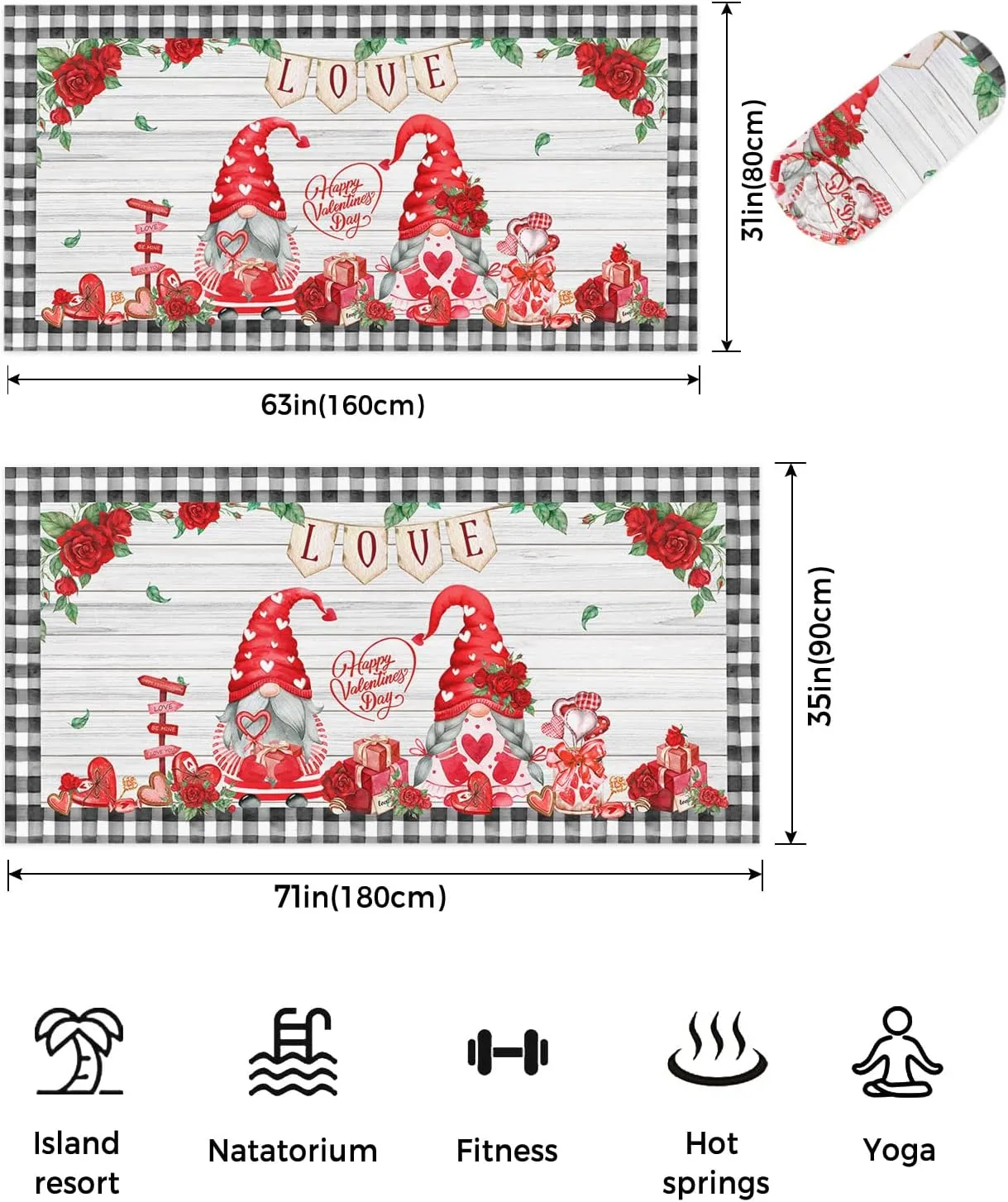 Love Banner Sand Free Beach Towel 35x71 Inch Quick Dry Water Absorbent Beach Towel Perfect as Beach Blanket, Camping Blanket, Yoga Mat Couple Gnomes White Wooden Grain Black Plaid