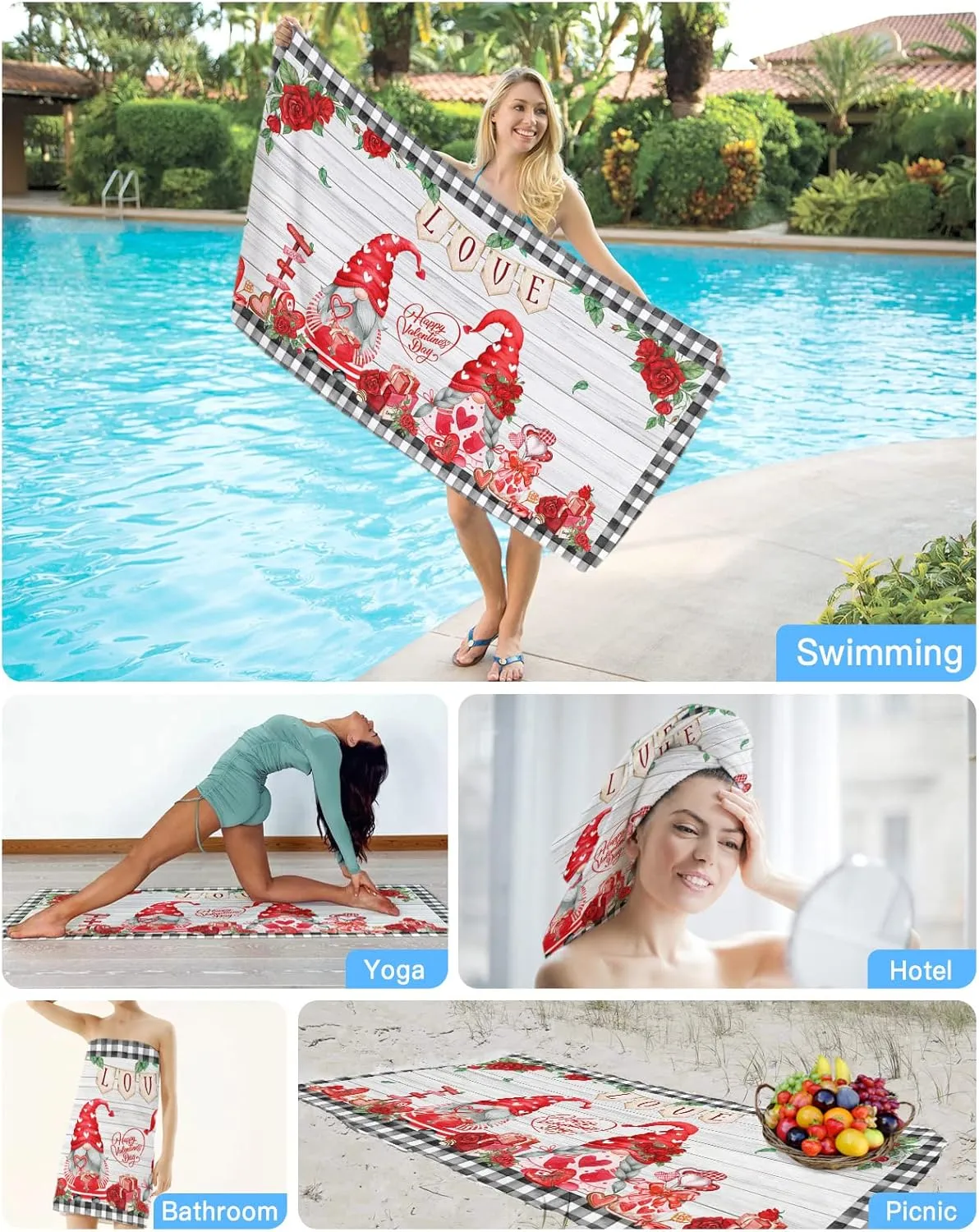 Love Banner Sand Free Beach Towel 35x71 Inch Quick Dry Water Absorbent Beach Towel Perfect as Beach Blanket, Camping Blanket, Yoga Mat Couple Gnomes White Wooden Grain Black Plaid