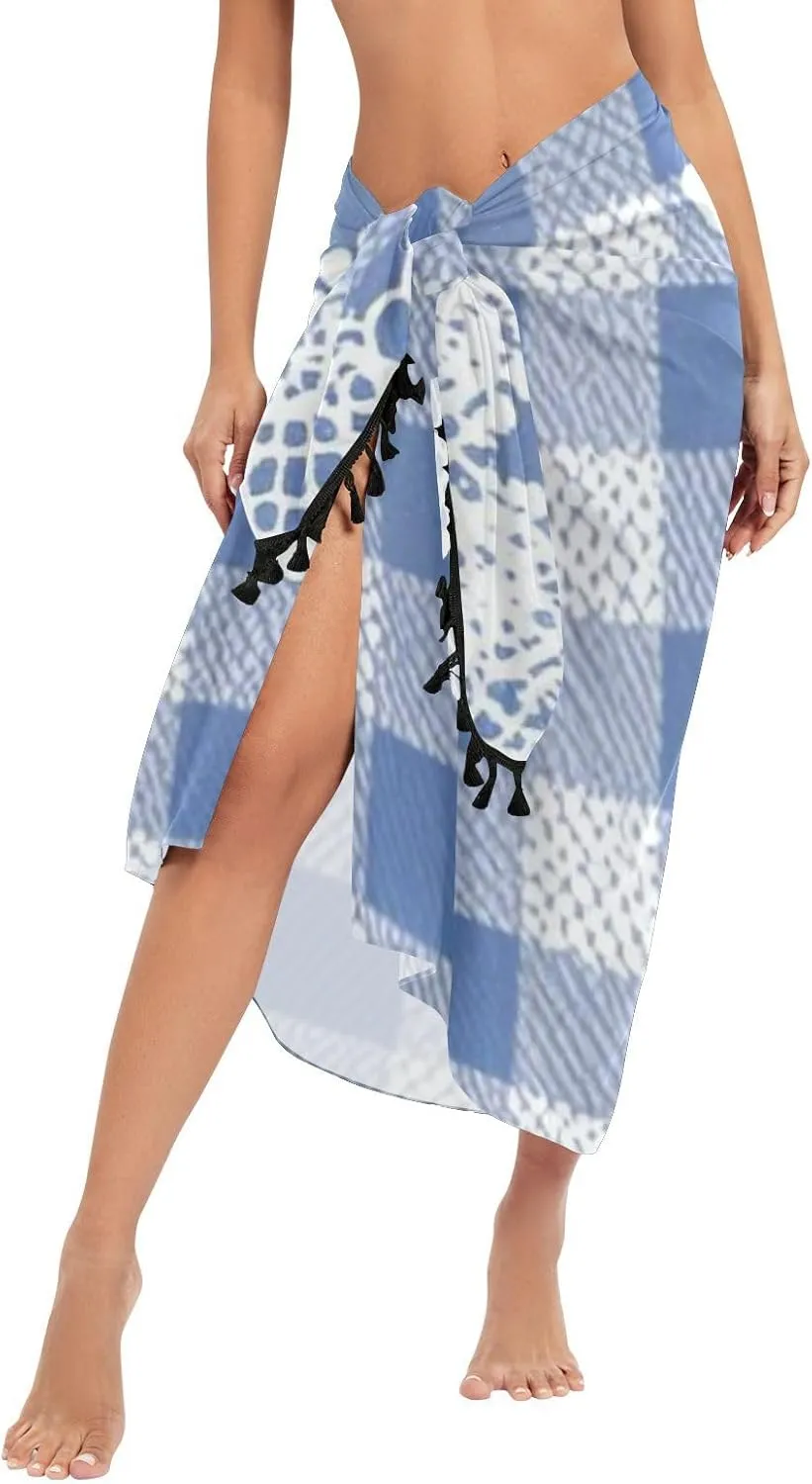 Lovely Blue Lace Butterfly Plaid Women's Swimwear Cover Beach Cute Cover Ups for Swimwear Plus Swim Sarong 27x57in