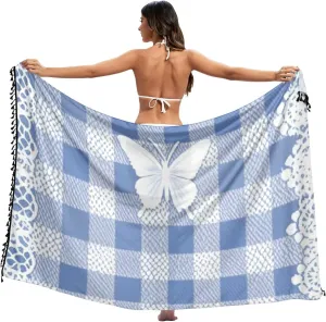 Lovely Blue Lace Butterfly Plaid Women's Swimwear Cover Beach Cute Cover Ups for Swimwear Plus Swim Sarong 27x57in