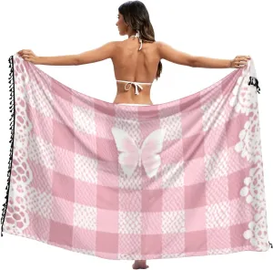 Lovely Pink Lace Butterfly Plaid Swimsuit Cover Ups Ladies Bathing Casual Ups for Swimwear Women Vacation Outfits 27x57in