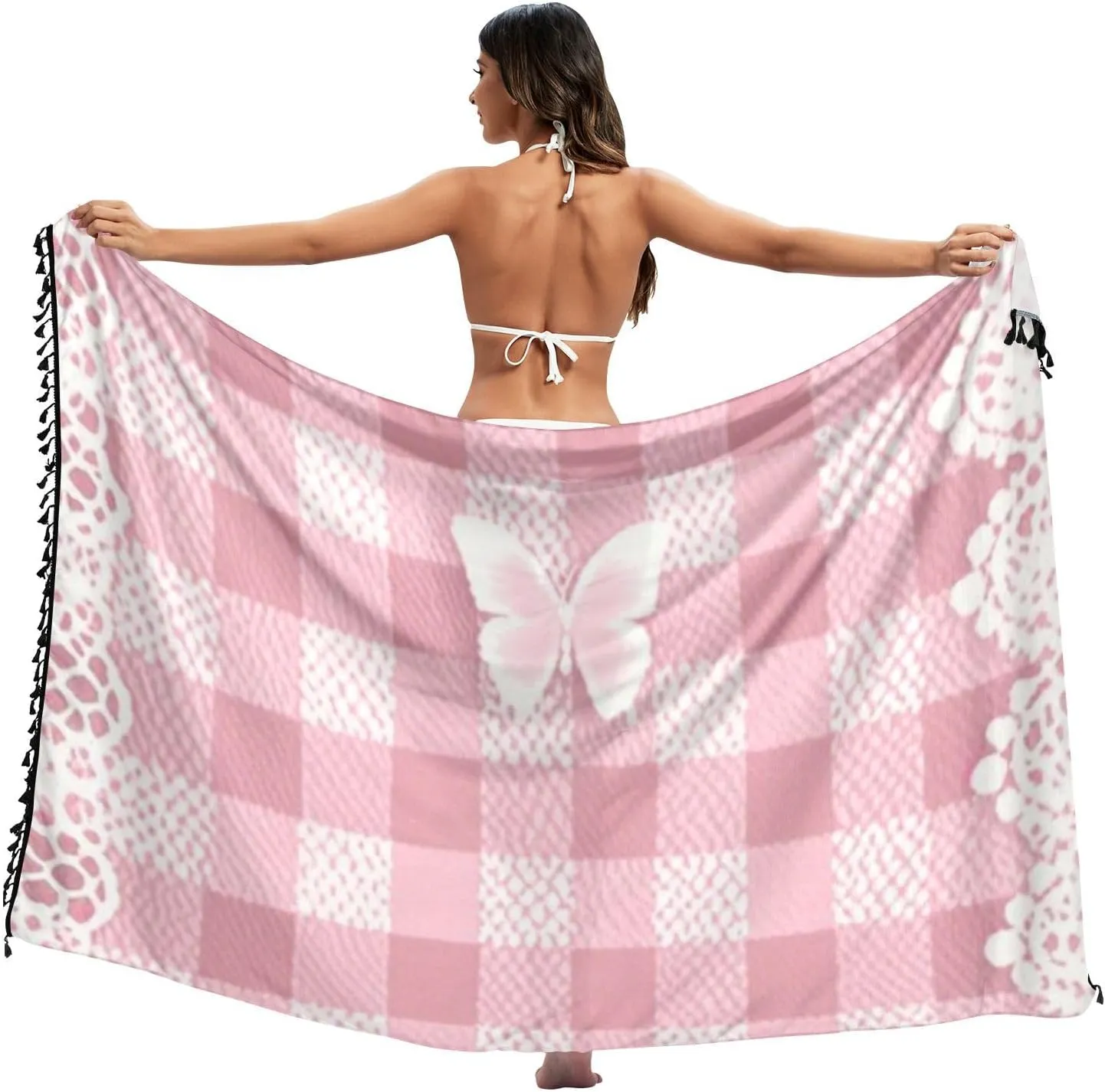 Lovely Pink Lace Butterfly Plaid Swimsuit Cover Ups Ladies Bathing Casual Ups for Swimwear Women Vacation Outfits 27x57in