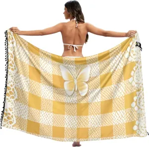 Lovely Yellow Lace Butterfly Plaid Ups for Swimwear Beach Vacation Loose Coverups for Bathing Swimwear 27x57in