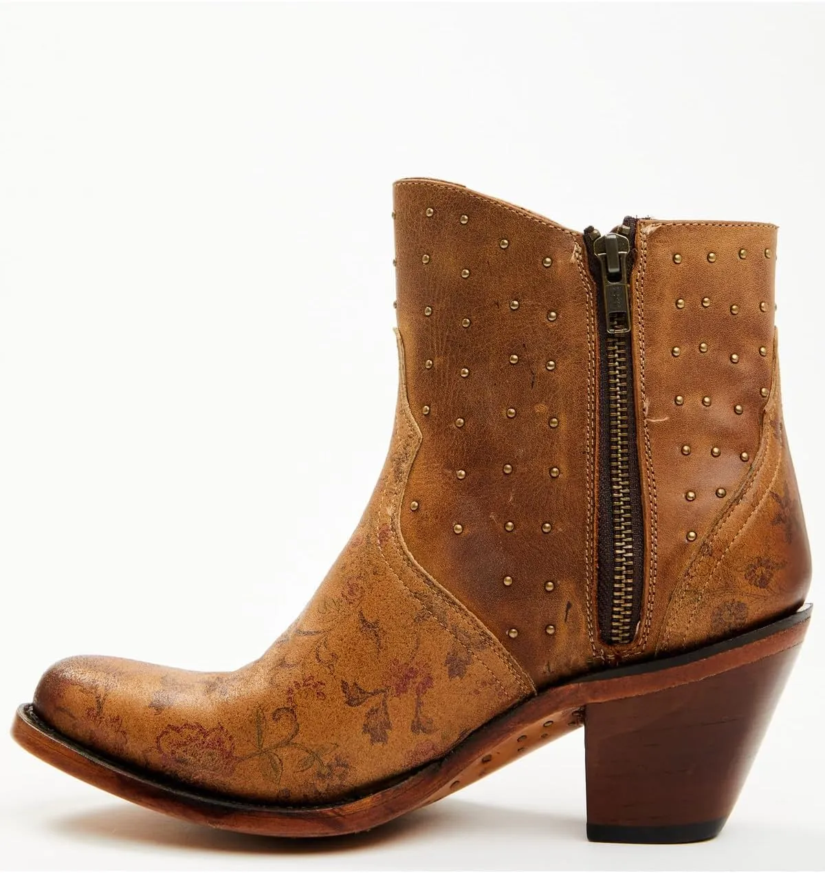 Lucchese Womens Harley Cowhide Studded Round Toe Casual Boots Ankle Mid Heel 2-3" - Black