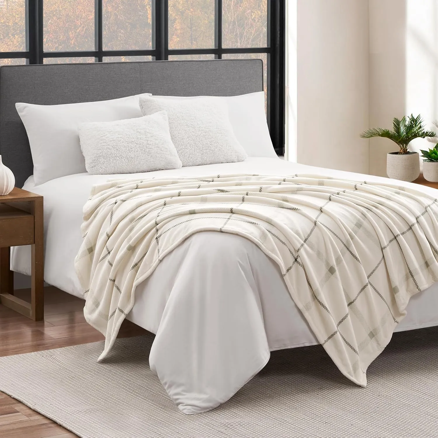 Lucky Brand Palmdale White with Sage Green Plaid 50"X70" Cozy Plush Blanket - Premium Microfiber Throw for Luxurious Comfort