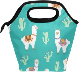Lunch Tote Bag Llama Alpaca And Cactus Neoprene Insulated Cooler Warmer, Portable Funny Lunchbox Handbag for Men Women Adult Kids Boys Girls