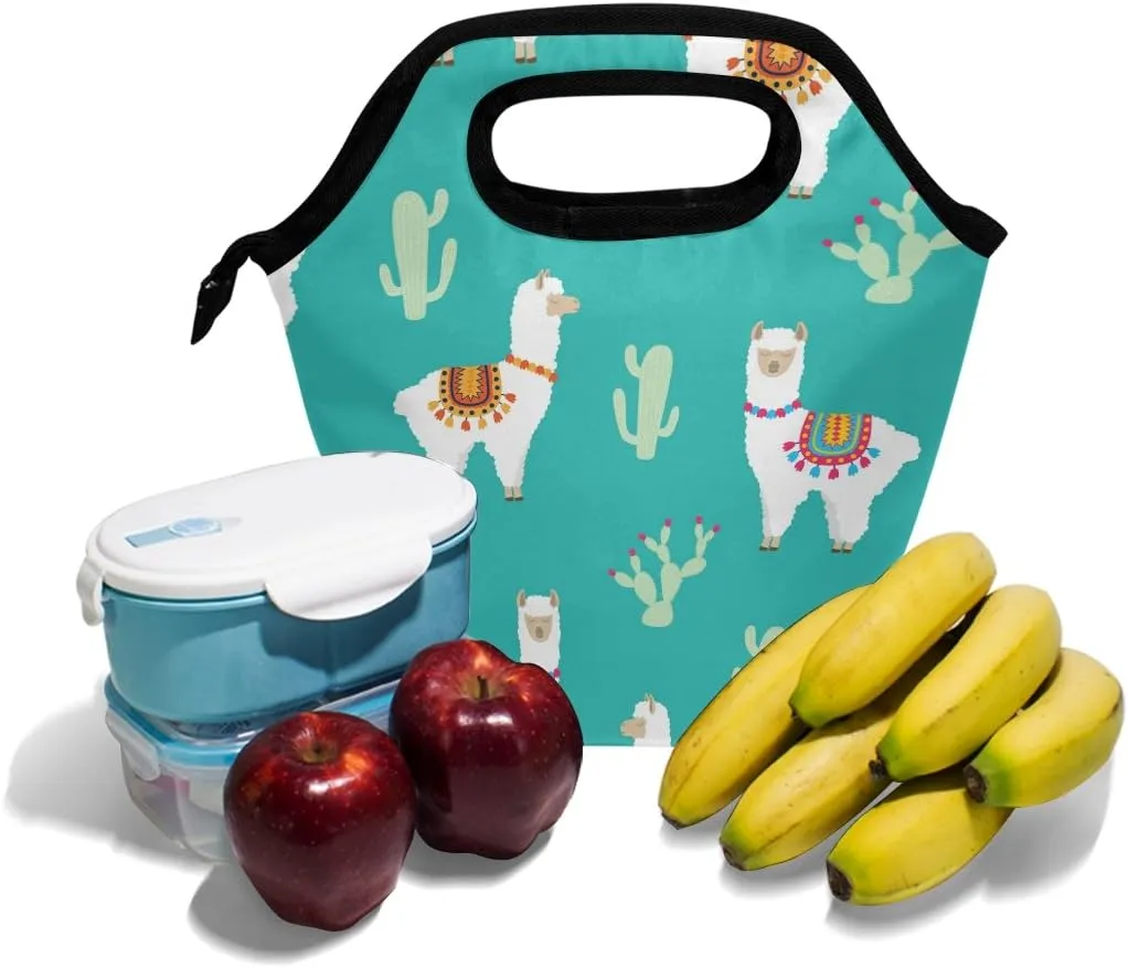 Lunch Tote Bag Llama Alpaca And Cactus Neoprene Insulated Cooler Warmer, Portable Funny Lunchbox Handbag for Men Women Adult Kids Boys Girls