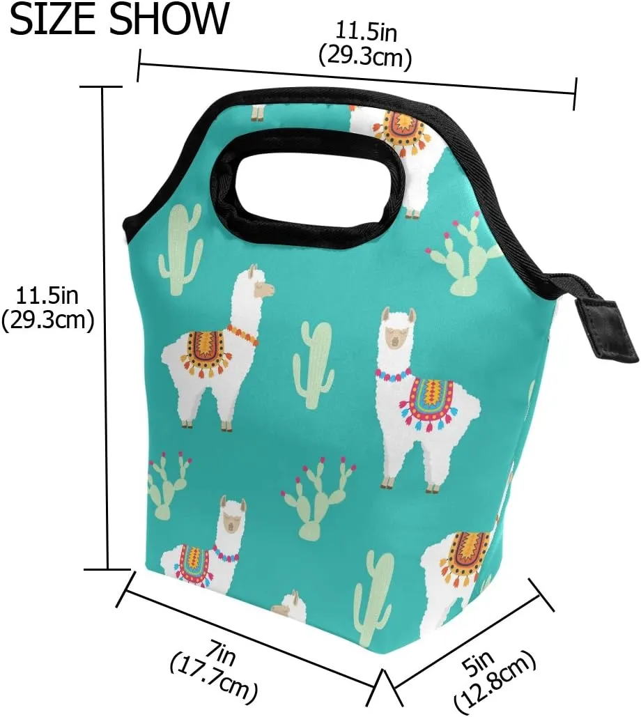 Lunch Tote Bag Llama Alpaca And Cactus Neoprene Insulated Cooler Warmer, Portable Funny Lunchbox Handbag for Men Women Adult Kids Boys Girls