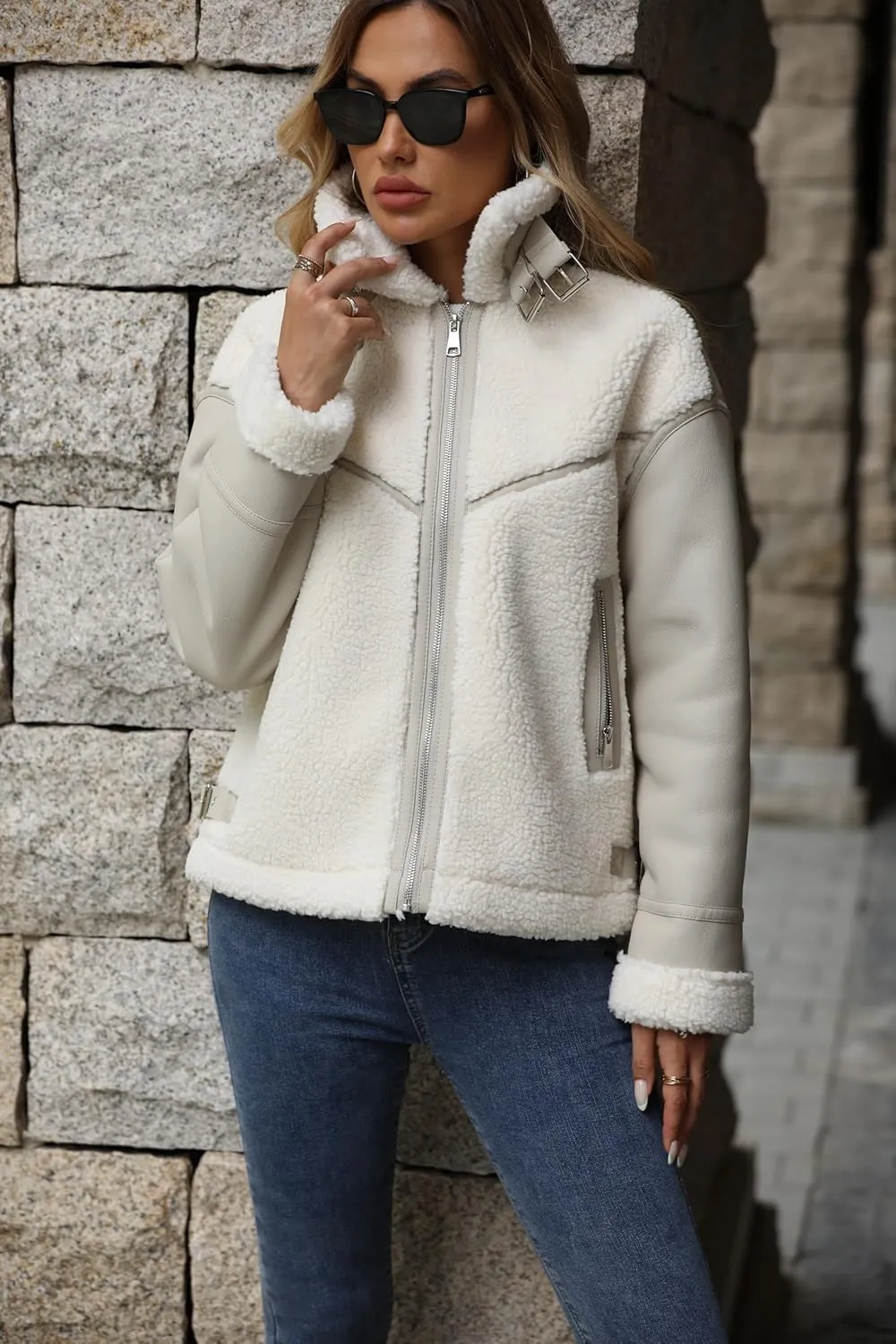 LY VAREY LIN Winter Women Faux Leather Jacket Patchwork Fur Coat Moto Biker Zipper Sherpa Shacket