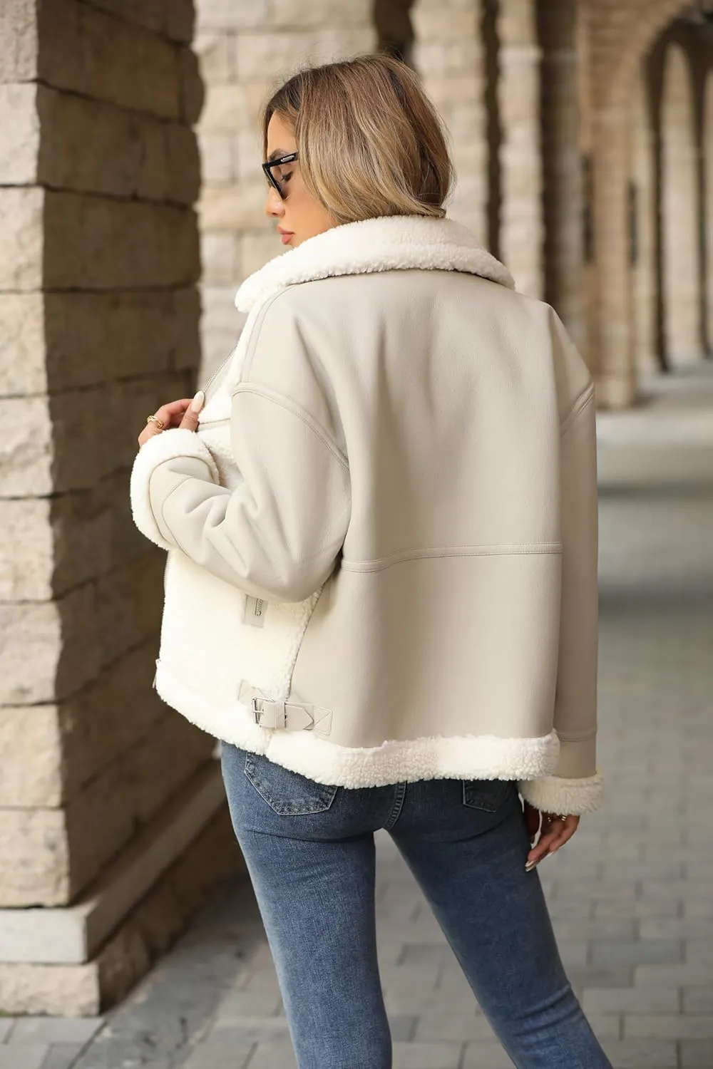 LY VAREY LIN Winter Women Faux Leather Jacket Patchwork Fur Coat Moto Biker Zipper Sherpa Shacket