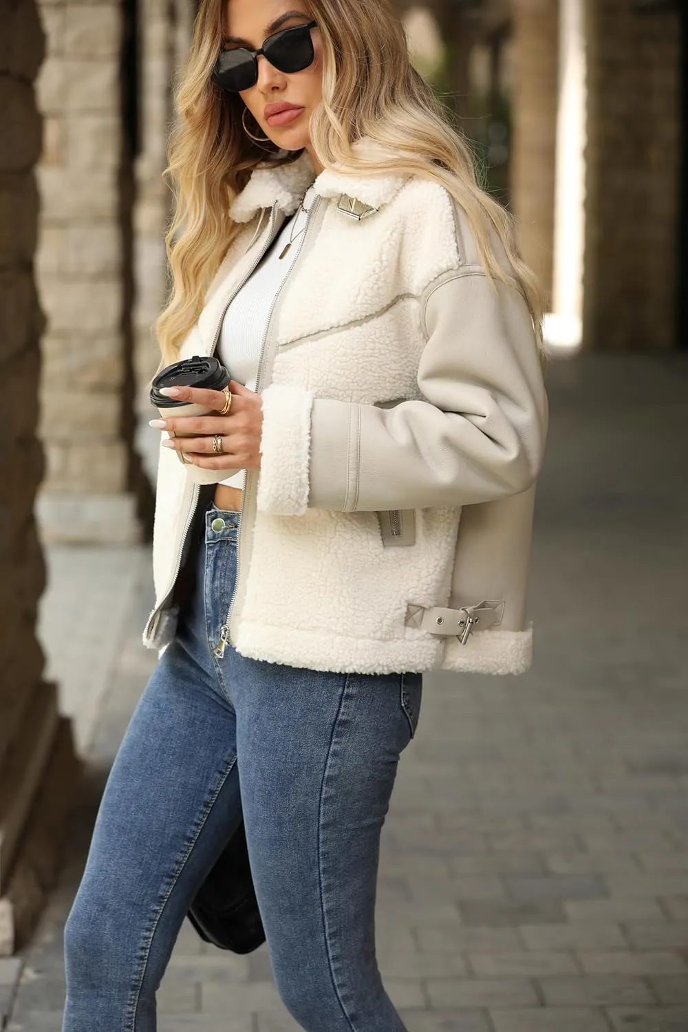 LY VAREY LIN Winter Women Faux Leather Jacket Patchwork Fur Coat Moto Biker Zipper Sherpa Shacket