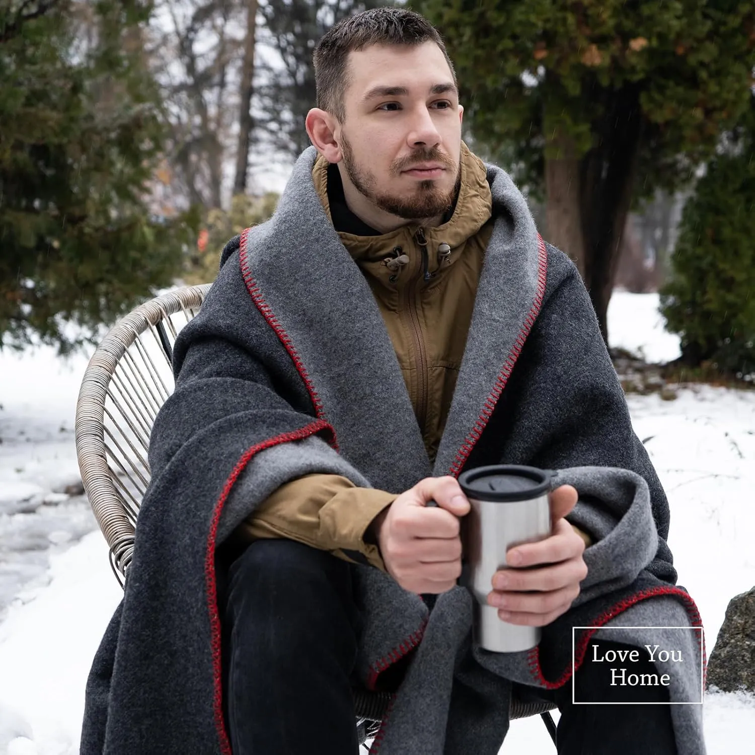 LYHome Merino Wool Blanket - Outdoor Camping and Hiking Throw, Extra Warm Army Military & Hunting Blankets for Cold Weather, Warmest Plaid Sheep Wool (59 x 84 in | Gray - Anthracite Double-Sided)