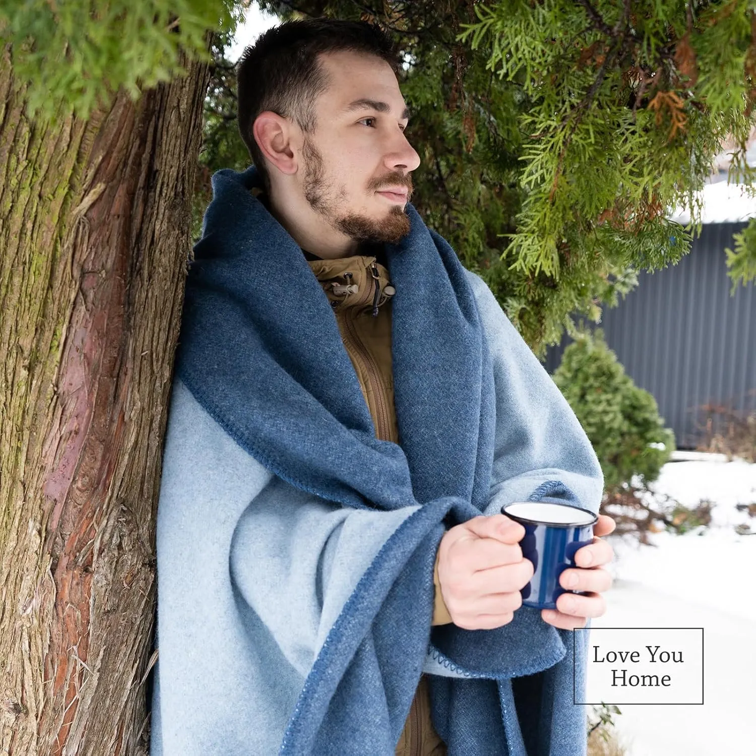 LYHome Merino Wool Blanket - Outdoor Camping and Hiking Throw, Extra Warm Army Military & Hunting Blankets for Cold Weather, Warmest Plaid Sheep Wool (59 x 84 in | Light Blue - Blue Double-Sided)
