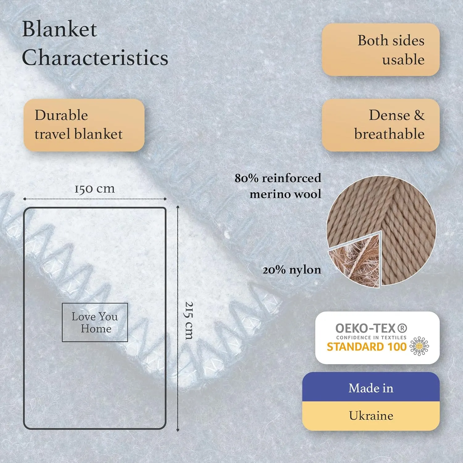LYHome Merino Wool Blanket - Outdoor Camping and Hiking Throw, Extra Warm Army Military & Hunting Blankets for Cold Weather, Warmest Plaid Sheep Wool (59 x 84 in | Light Blue - Blue Double-Sided)