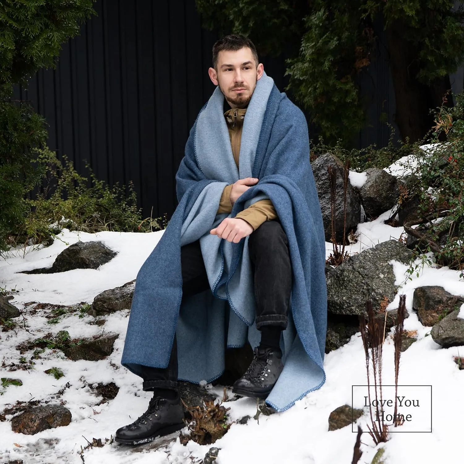 LYHome Merino Wool Blanket - Outdoor Camping and Hiking Throw, Extra Warm Army Military & Hunting Blankets for Cold Weather, Warmest Plaid Sheep Wool (59 x 84 in | Light Blue - Blue Double-Sided)