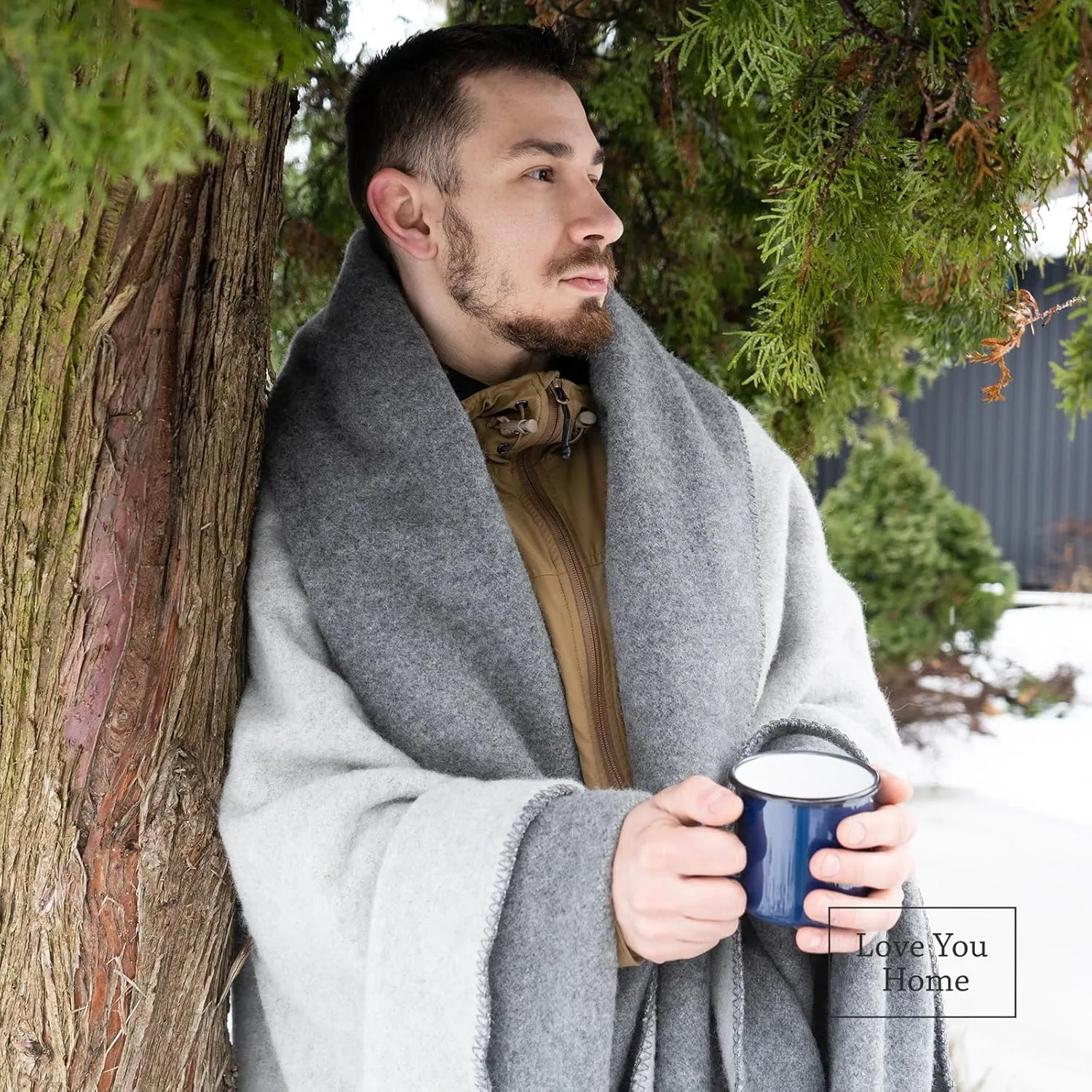 LYHome Merino Wool Blanket - Outdoor Camping and Hiking Throw, Extra Warm Army Military & Hunting Blankets for Cold Weather, Warmest Plaid Sheep Wool (59 x 84 in | Light Gray - Gray Double-Sided)