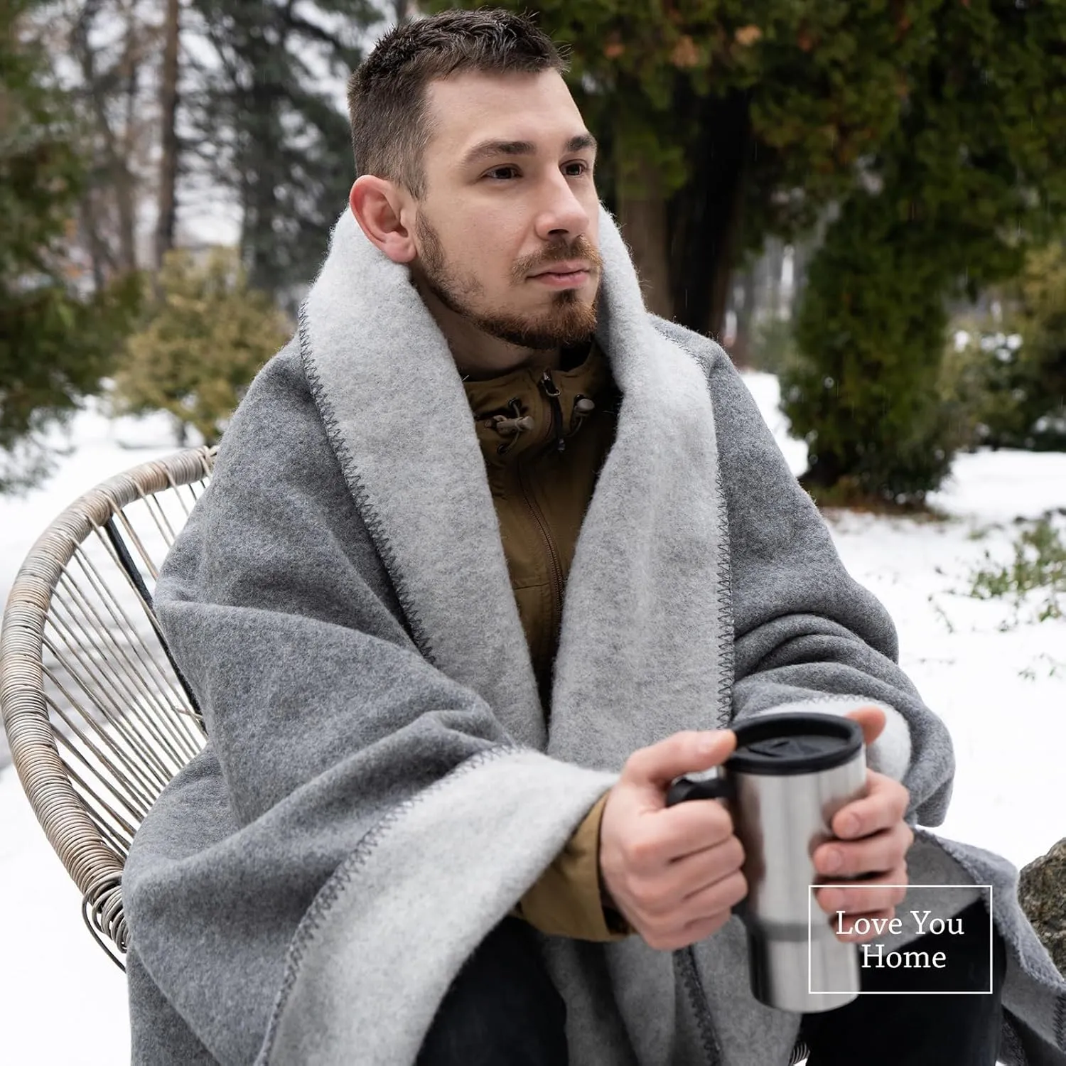 LYHome Merino Wool Blanket - Outdoor Camping and Hiking Throw, Extra Warm Army Military & Hunting Blankets for Cold Weather, Warmest Plaid Sheep Wool (59 x 84 in | Light Gray - Gray Double-Sided)