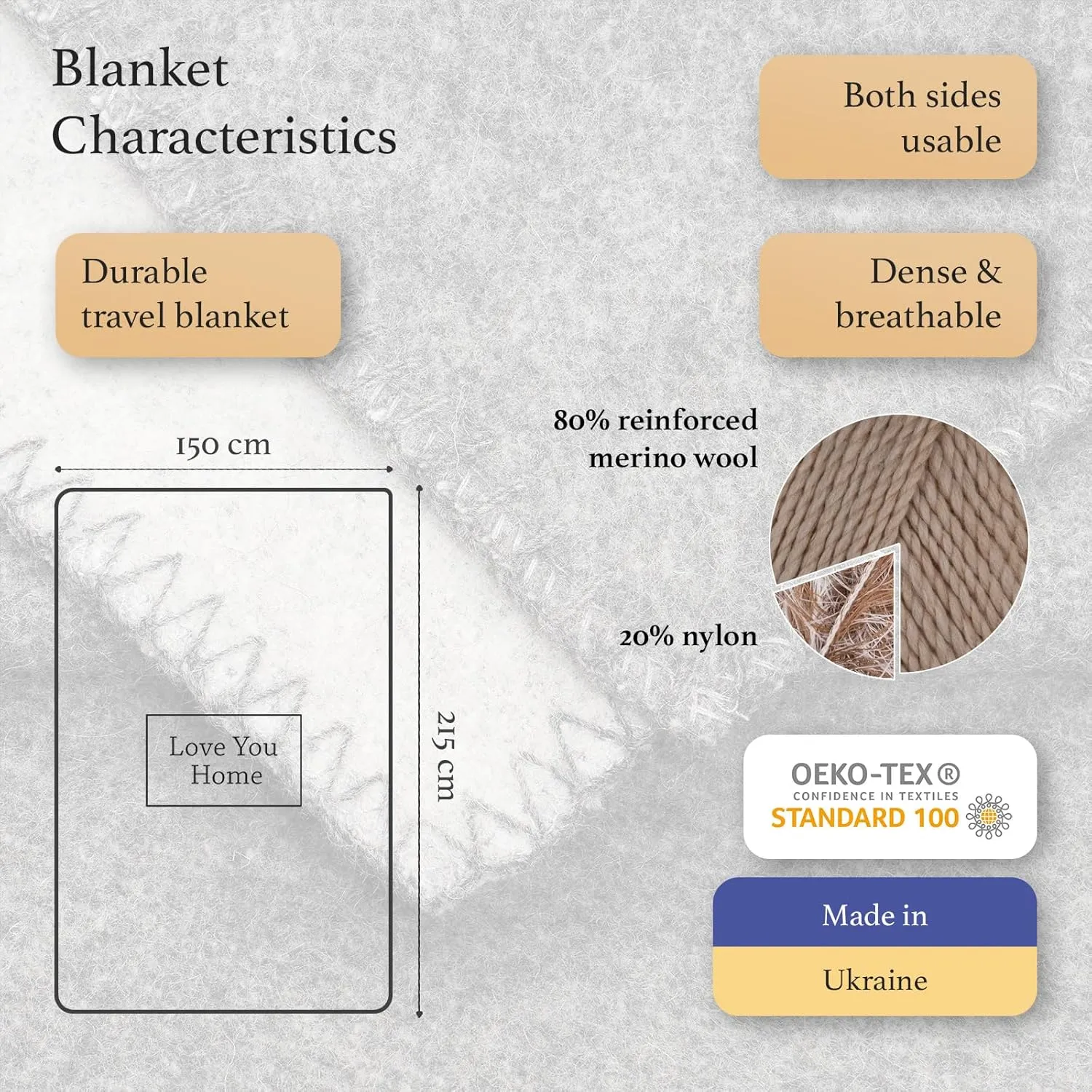 LYHome Merino Wool Blanket - Outdoor Camping and Hiking Throw, Extra Warm Army Military & Hunting Blankets for Cold Weather, Warmest Plaid Sheep Wool (59 x 84 in | Light Gray - Gray Double-Sided)