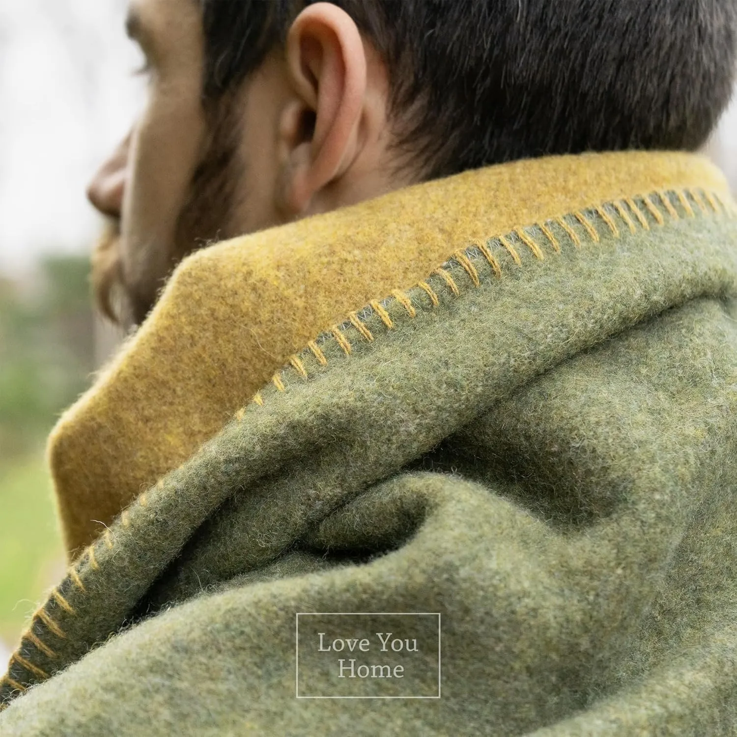 LYHome Merino Wool Blanket - Outdoor Camping and Hiking Throw, Extra Warm Army Military & Hunting Blankets for Cold Weather, Warmest Plaid Sheep Wool (59x84 | Mustard - Olive Green Double-Sided)