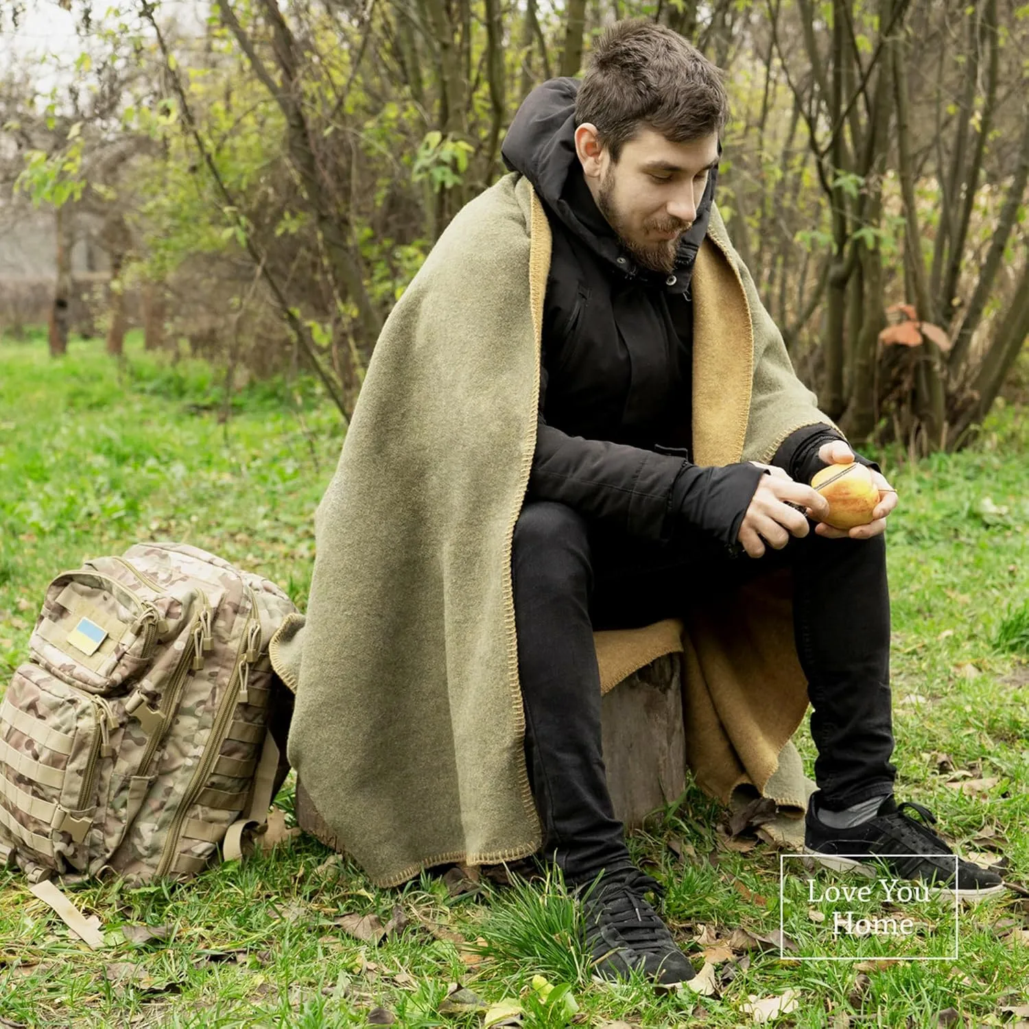 LYHome Merino Wool Blanket - Outdoor Camping and Hiking Throw, Extra Warm Army Military & Hunting Blankets for Cold Weather, Warmest Plaid Sheep Wool (59x84 | Mustard - Olive Green Double-Sided)