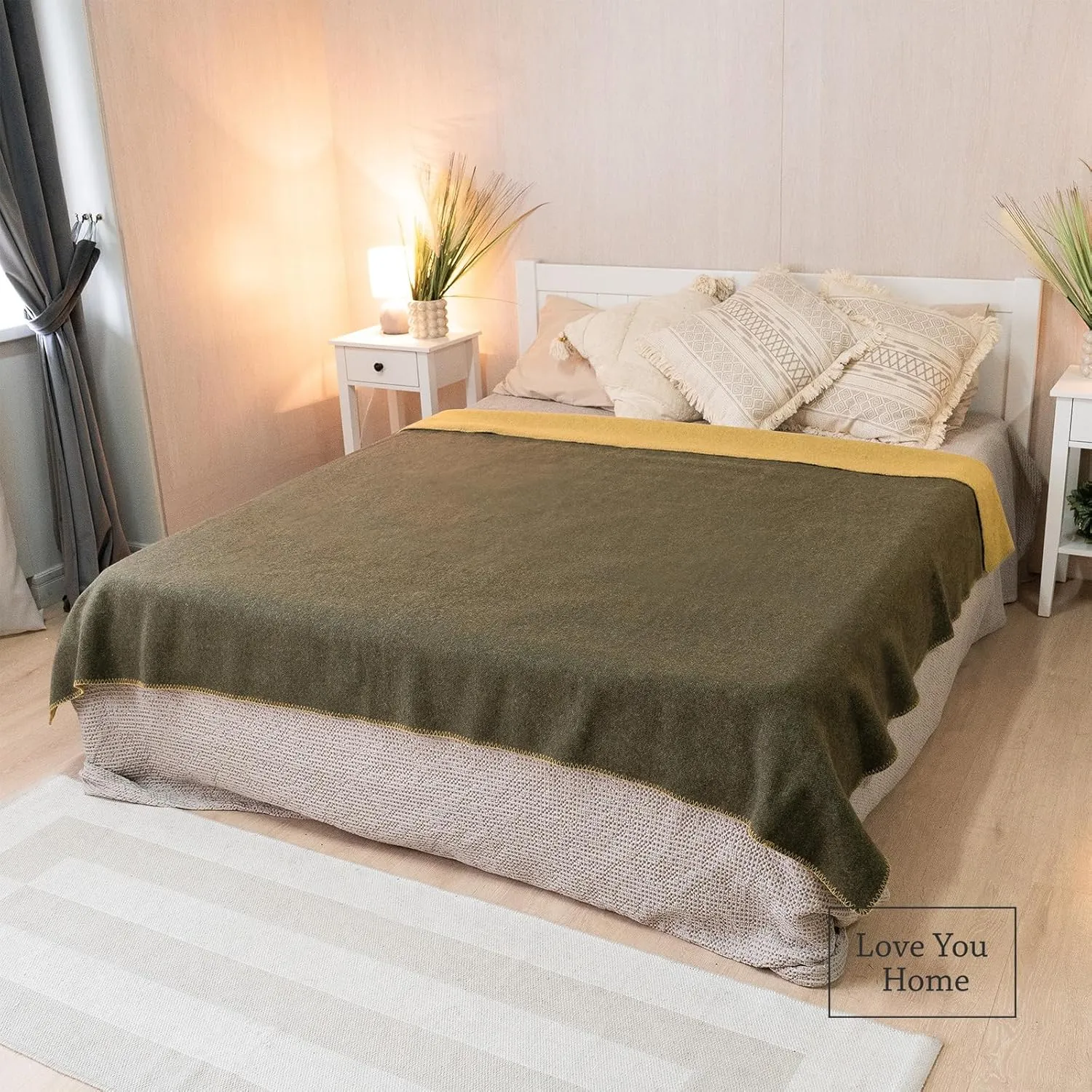 LYHome Merino Wool Blanket - Outdoor Camping and Hiking Throw, Extra Warm Army Military & Hunting Blankets for Cold Weather, Warmest Plaid Sheep Wool (59x84 | Mustard - Olive Green Double-Sided)
