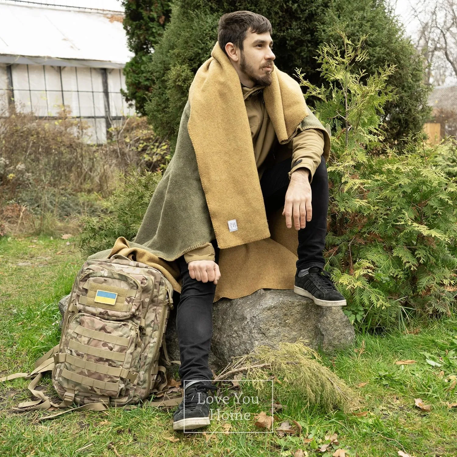 LYHome Merino Wool Blanket - Outdoor Camping and Hiking Throw, Extra Warm Army Military & Hunting Blankets for Cold Weather, Warmest Plaid Sheep Wool (59x84 | Mustard - Olive Green Double-Sided)