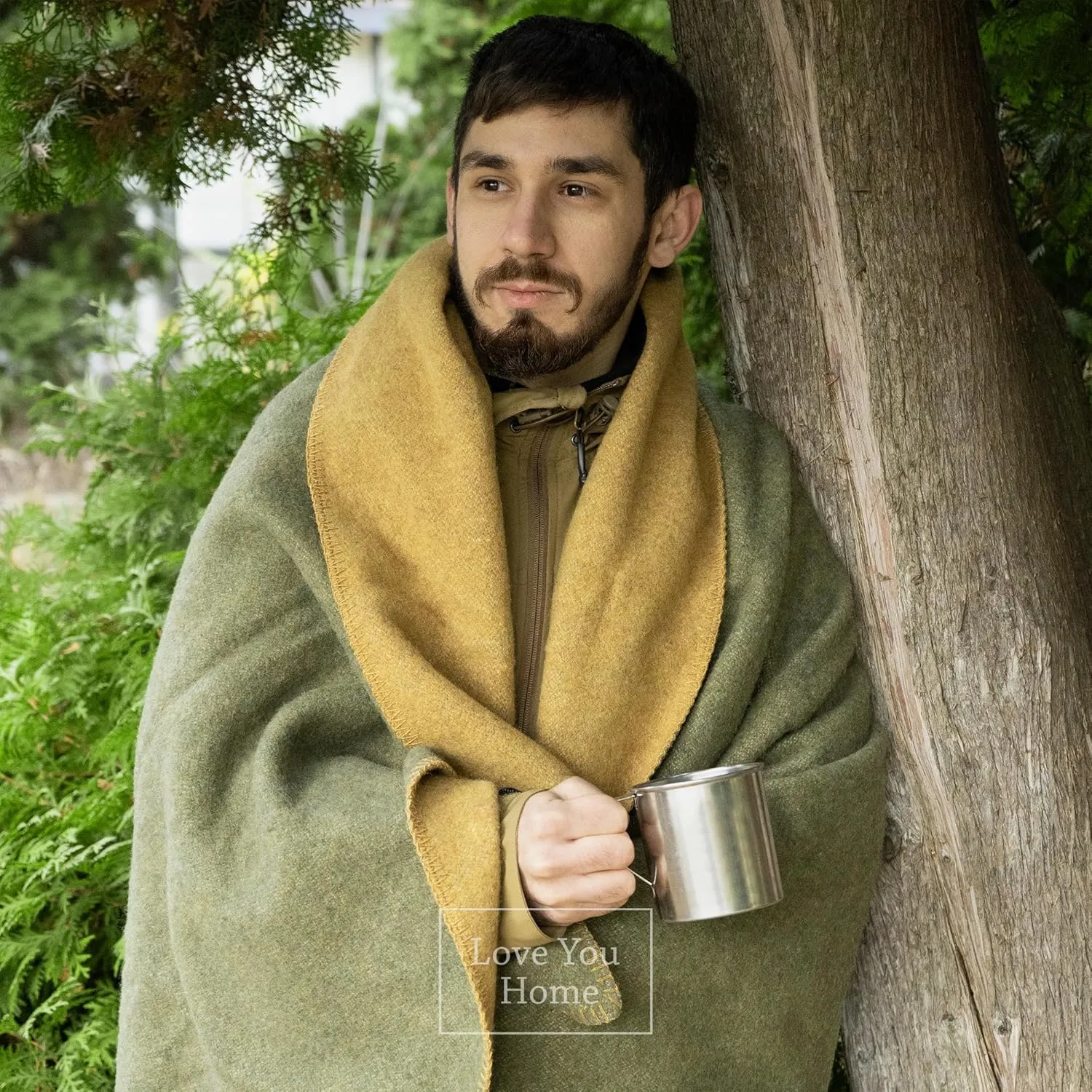 LYHome Merino Wool Blanket - Outdoor Camping and Hiking Throw, Extra Warm Army Military & Hunting Blankets for Cold Weather, Warmest Plaid Sheep Wool (59x84 | Mustard - Olive Green Double-Sided)