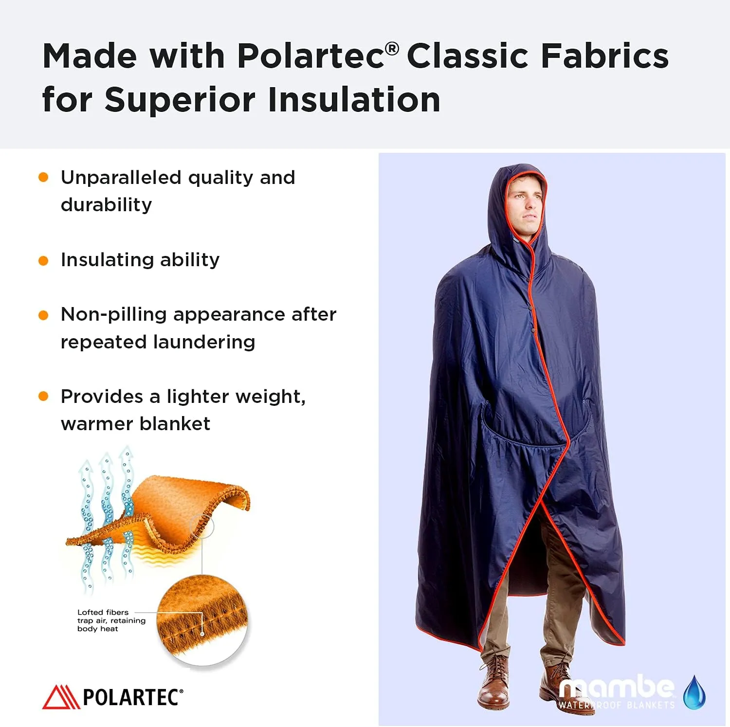 Mambe Extra Large Tall Extreme Weather Hooded Blanket Navy and Charcoal - 100% Waterproof and Windproof with Premium Stuff Sack - Stadiums and Watching Sports Activities - Machine Washable Fleece