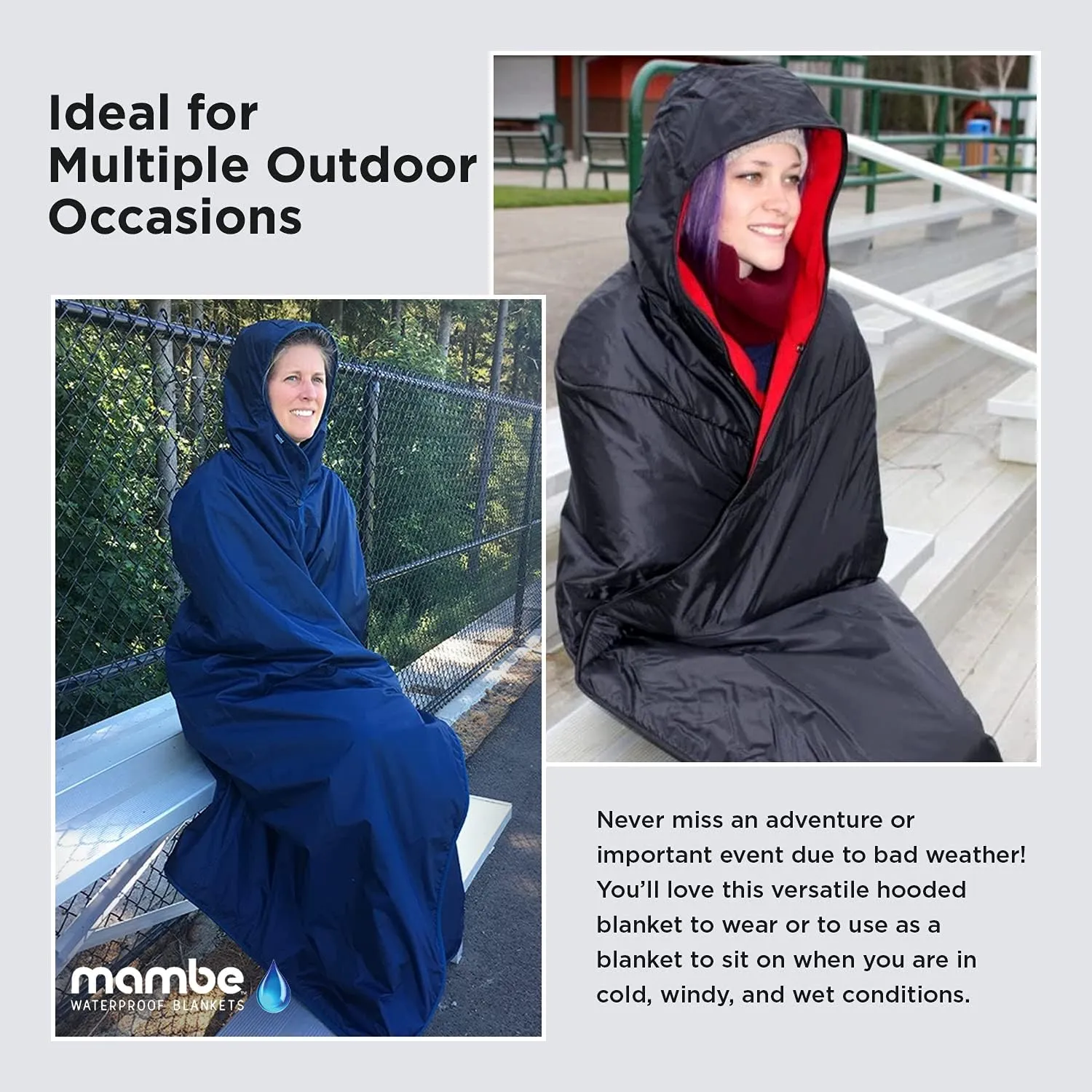 Mambe Extra Large Tall Extreme Weather Hooded Blanket Navy and Charcoal - 100% Waterproof and Windproof with Premium Stuff Sack - Stadiums and Watching Sports Activities - Machine Washable Fleece