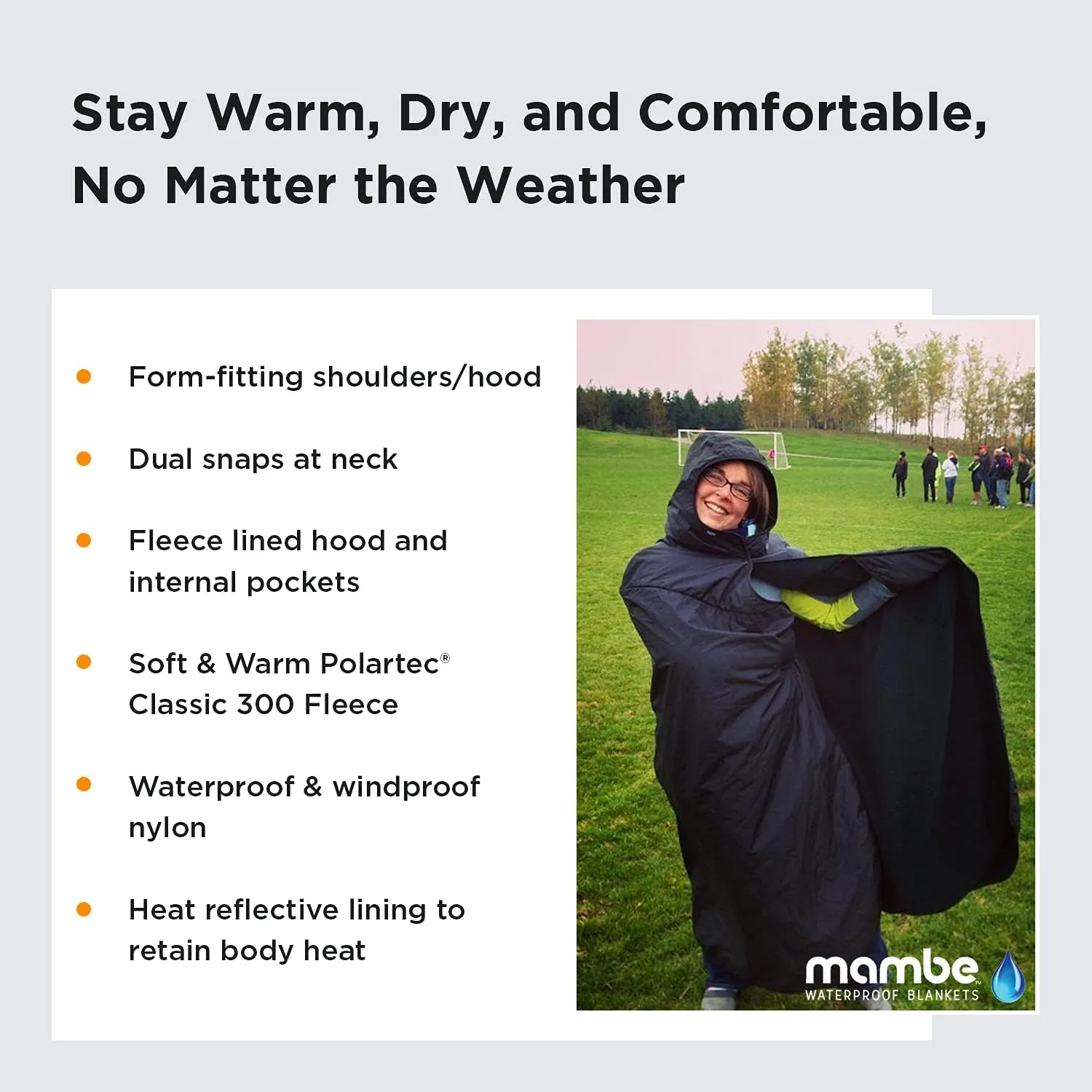 Mambe Extra Large Tall Extreme Weather Hooded Blanket Navy and Charcoal - 100% Waterproof and Windproof with Premium Stuff Sack - Stadiums and Watching Sports Activities - Machine Washable Fleece