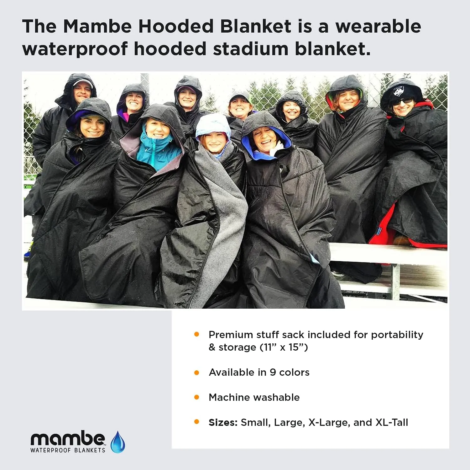 Mambe Extra Large Tall Extreme Weather Hooded Blanket Navy and Charcoal - 100% Waterproof and Windproof with Premium Stuff Sack - Stadiums and Watching Sports Activities - Machine Washable Fleece