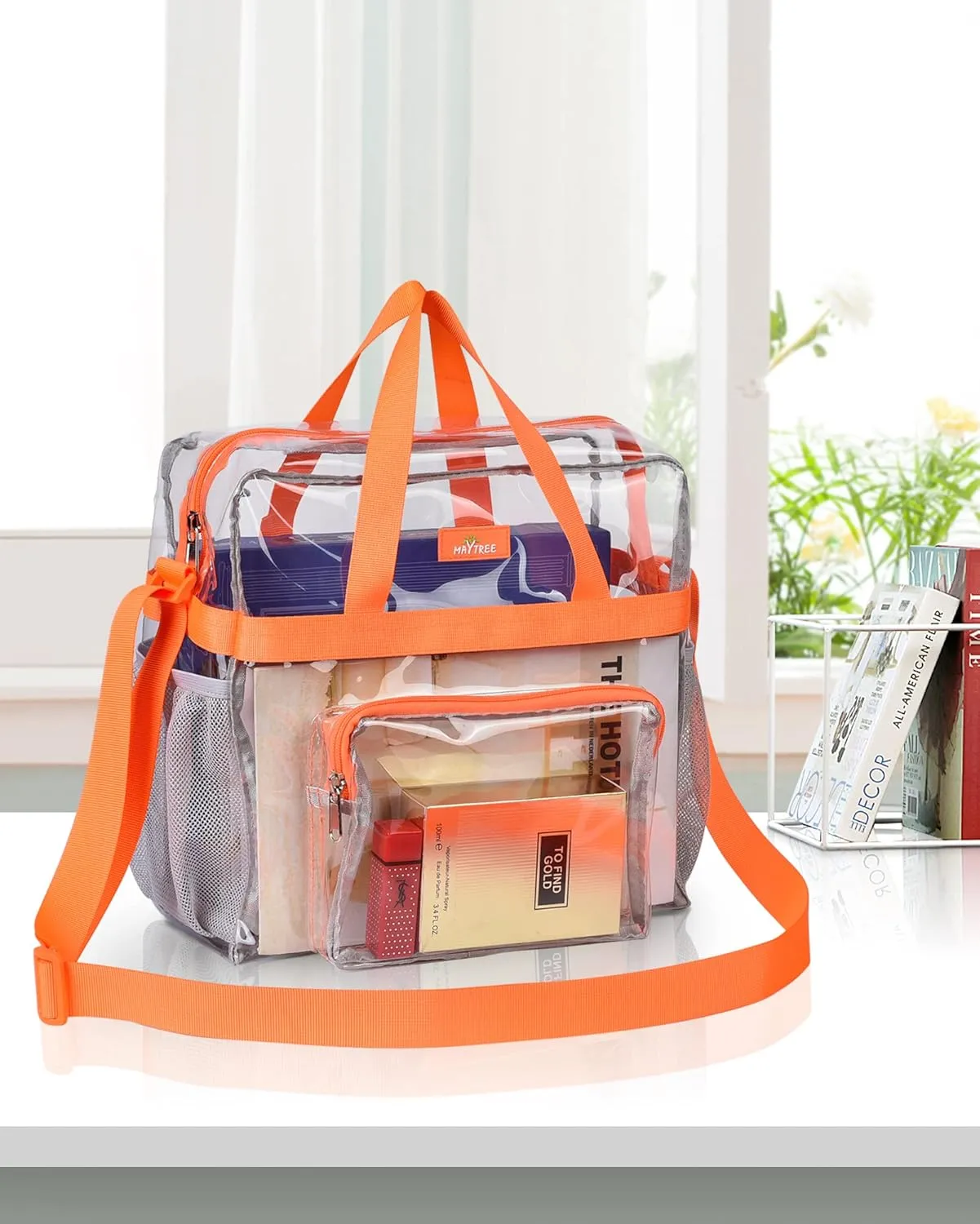 MAY TREE Clear Bag for Stadium Events 12×6×12 Clear Tote Lunch Bag with Reinforced Straps for Work and Sporting Events, Orange