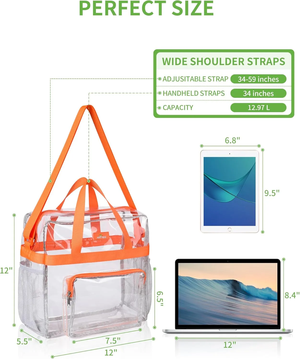 MAY TREE Clear Bag for Stadium Events 12×6×12 Clear Tote Lunch Bag with Reinforced Straps for Work and Sporting Events, Orange