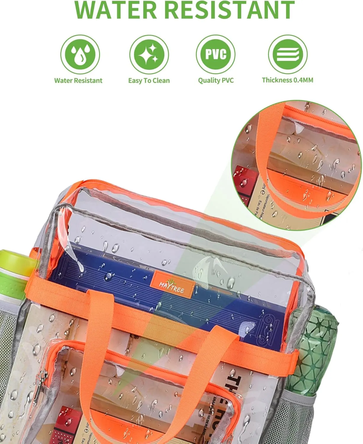MAY TREE Clear Bag for Stadium Events 12×6×12 Clear Tote Lunch Bag with Reinforced Straps for Work and Sporting Events, Orange