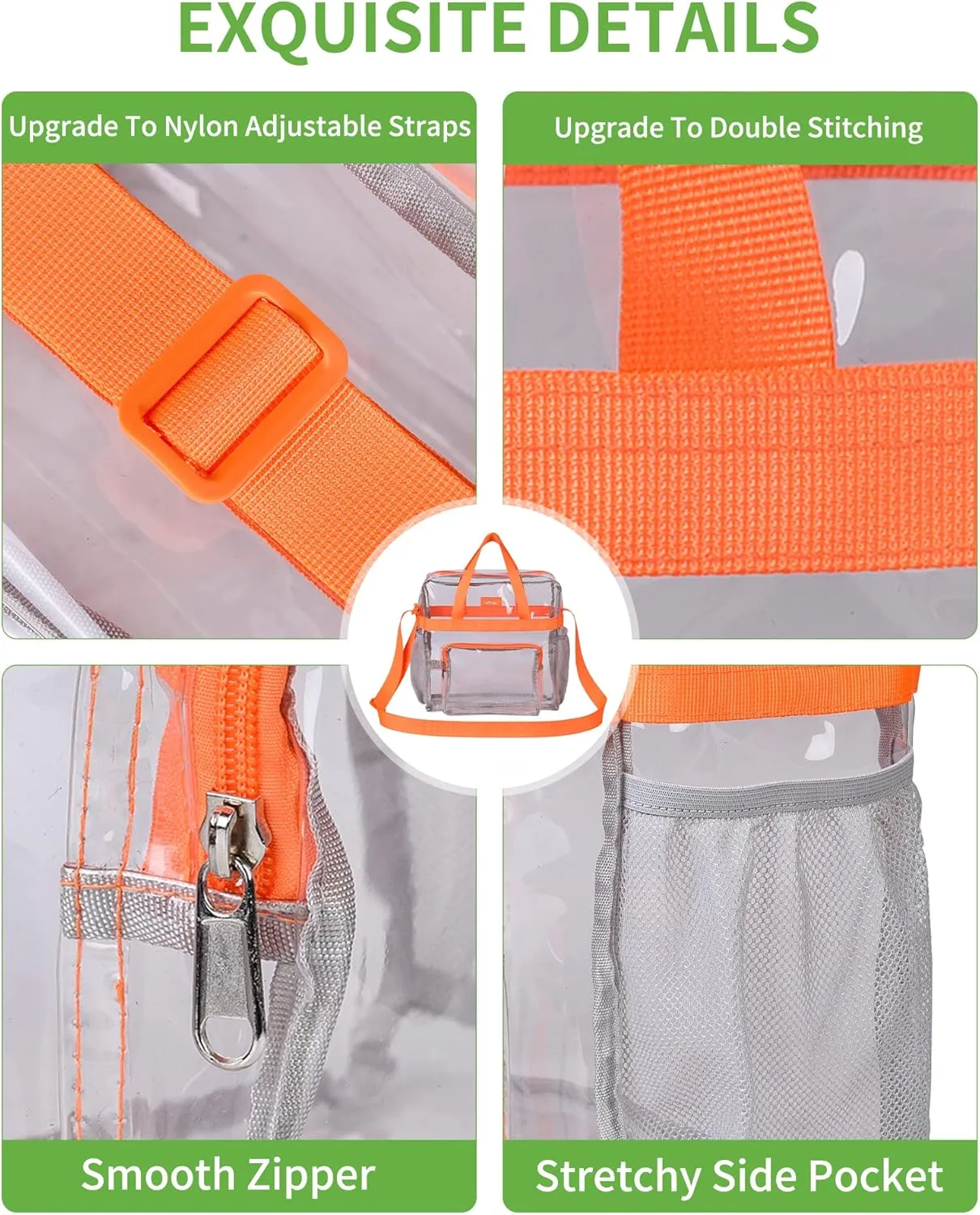 MAY TREE Clear Bag for Stadium Events 12×6×12 Clear Tote Lunch Bag with Reinforced Straps for Work and Sporting Events, Orange