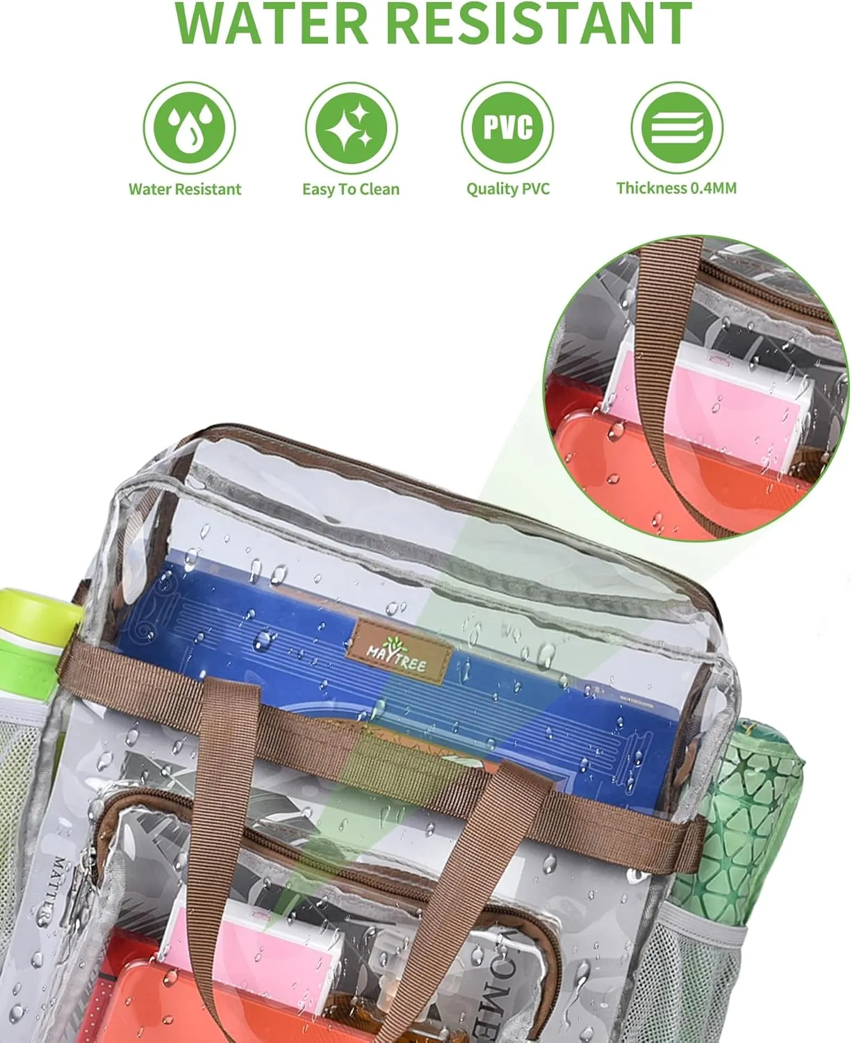 MAY TREE Clear Vinyl Tote Bag, 12 x 6 x 12 in, Brown, Suitable for Work, Travel, Sports, Office