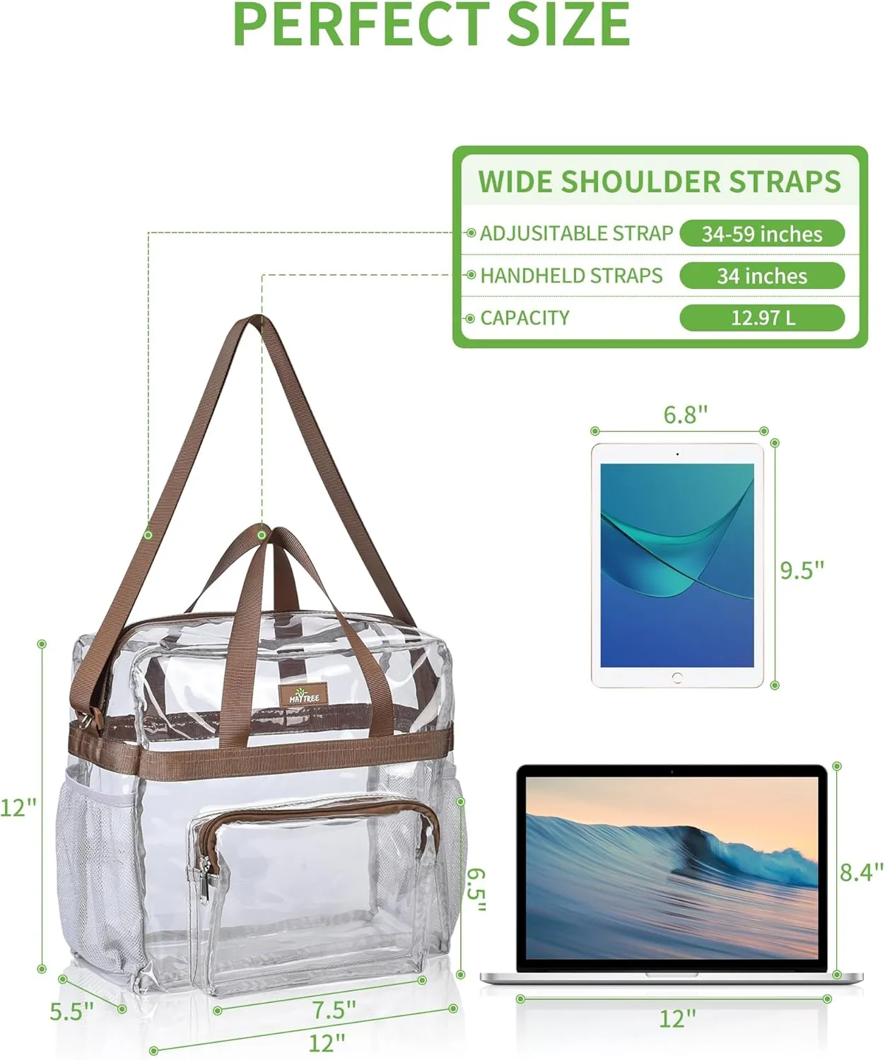 MAY TREE Clear Vinyl Tote Bag, 12 x 6 x 12 in, Brown, Suitable for Work, Travel, Sports, Office