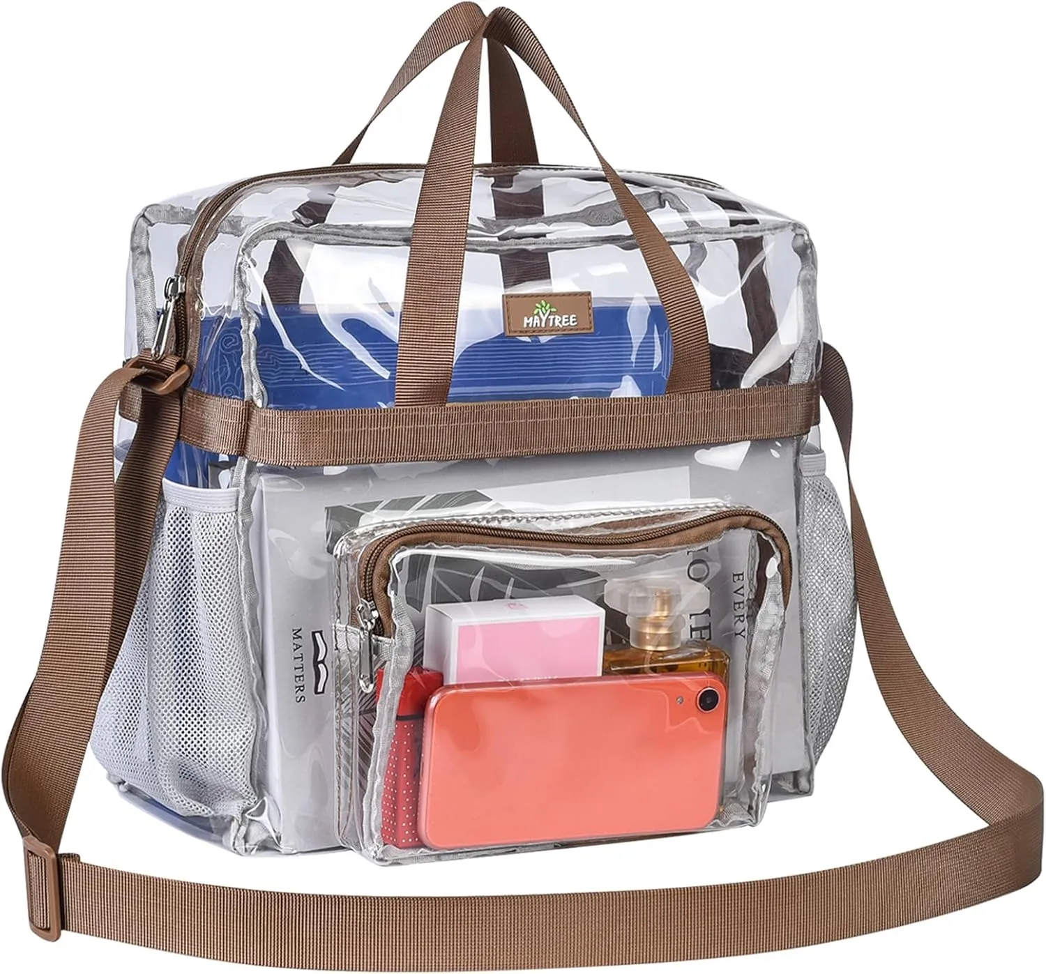 MAY TREE Clear Vinyl Tote Bag, 12 x 6 x 12 in, Brown, Suitable for Work, Travel, Sports, Office
