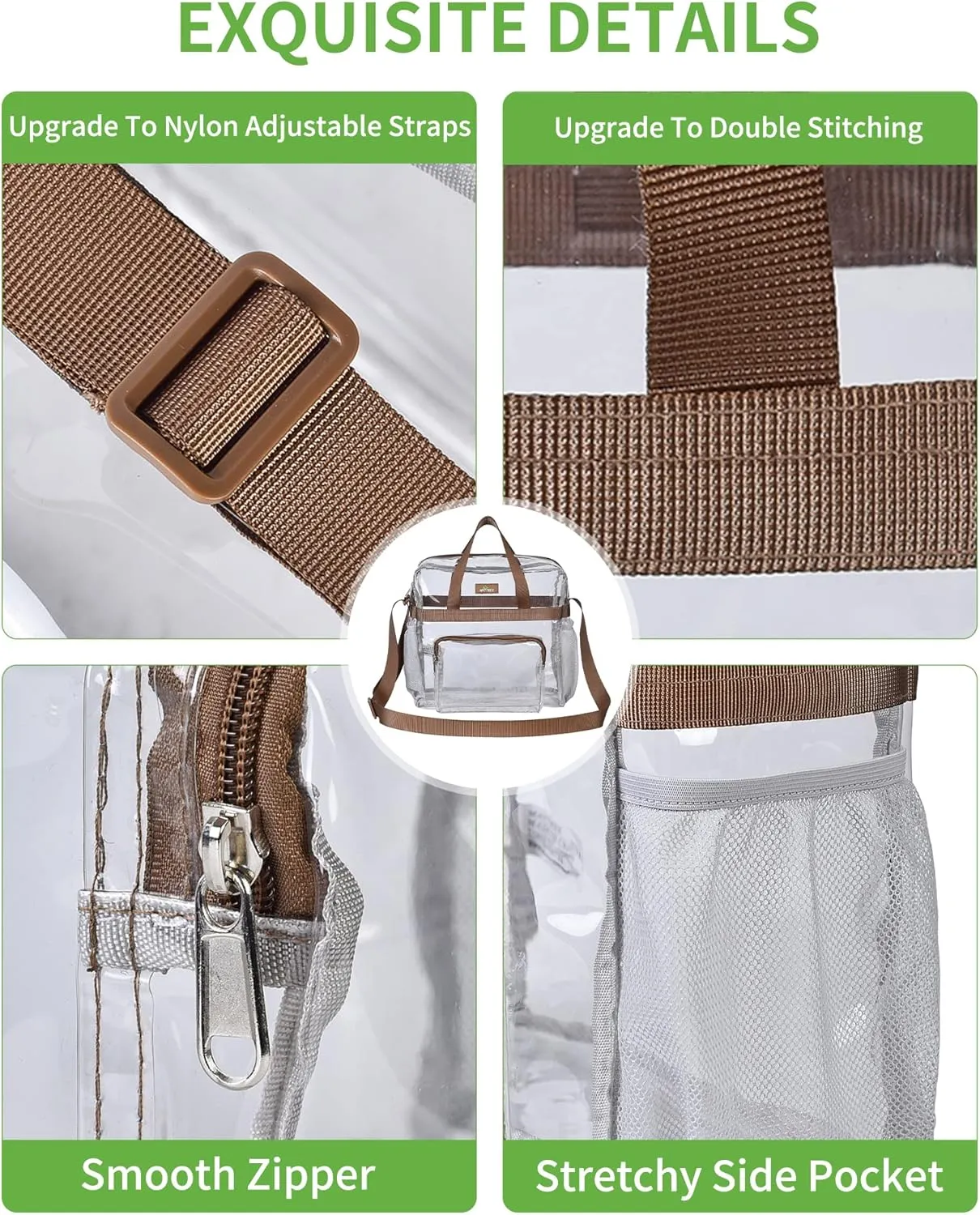 MAY TREE Clear Vinyl Tote Bag, 12 x 6 x 12 in, Brown, Suitable for Work, Travel, Sports, Office