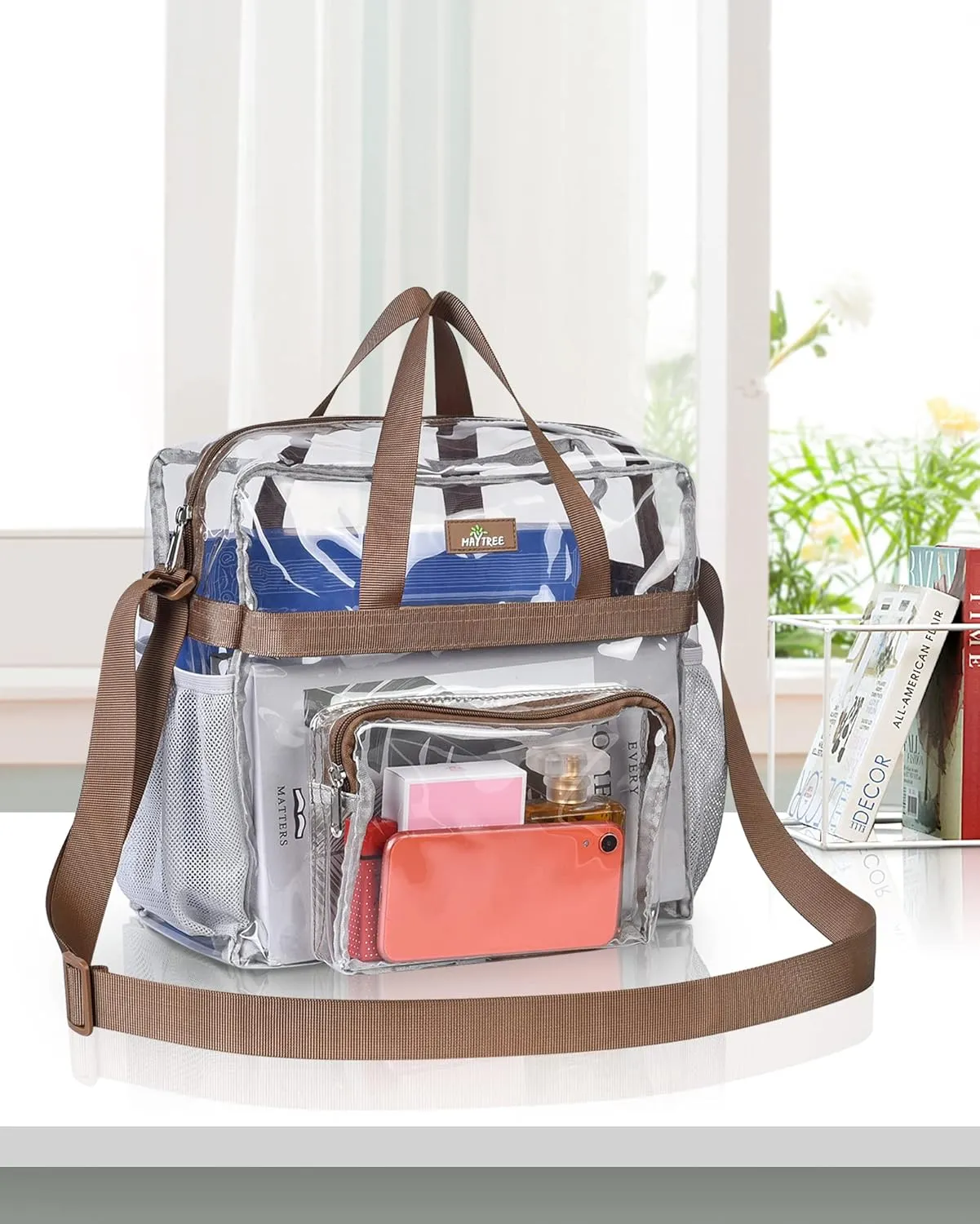 MAY TREE Clear Vinyl Tote Bag, 12 x 6 x 12 in, Brown, Suitable for Work, Travel, Sports, Office