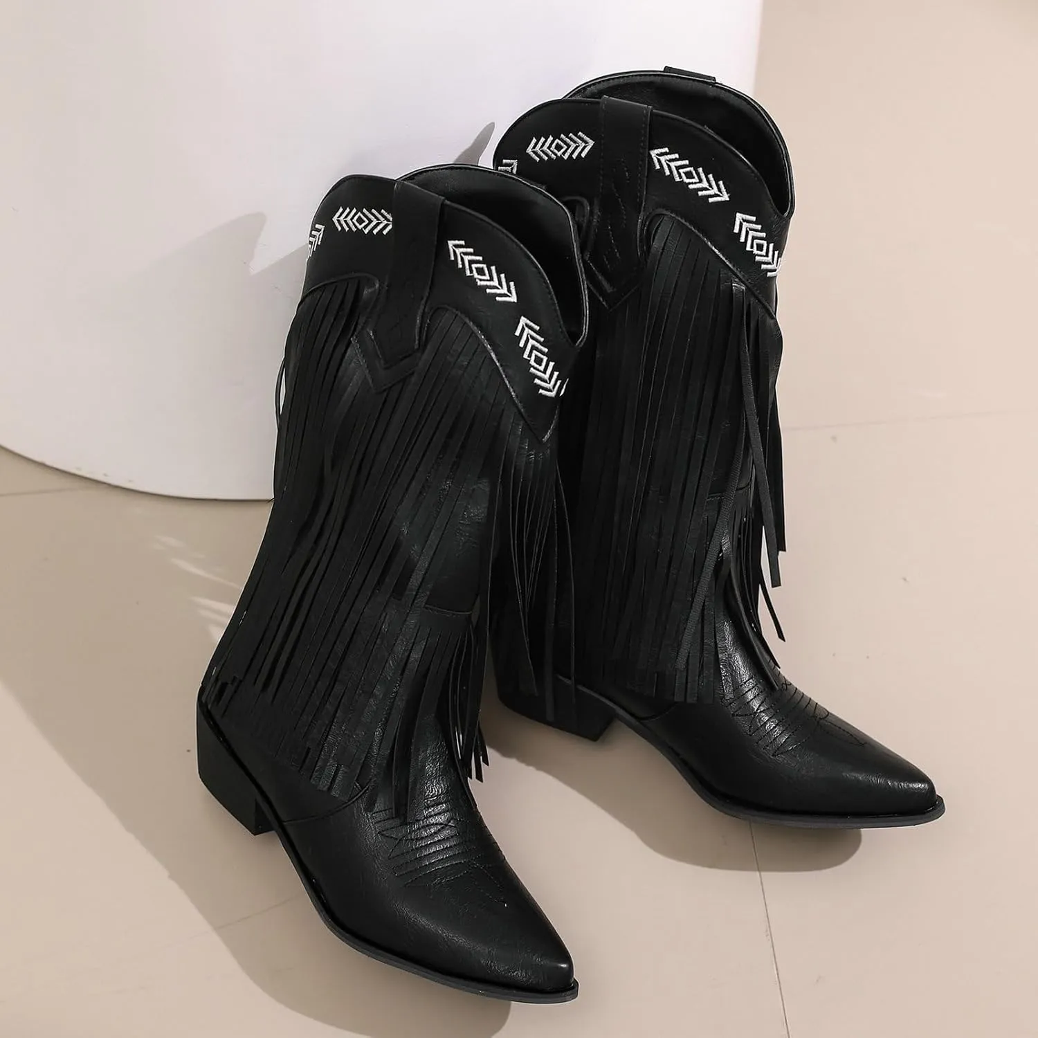 Meefit Women Fringe Cowboy Boots Square Toe Mid Calf Embroidered Western Boots,Tassel Cowgirl Boots Stacked Heel Retro Boots