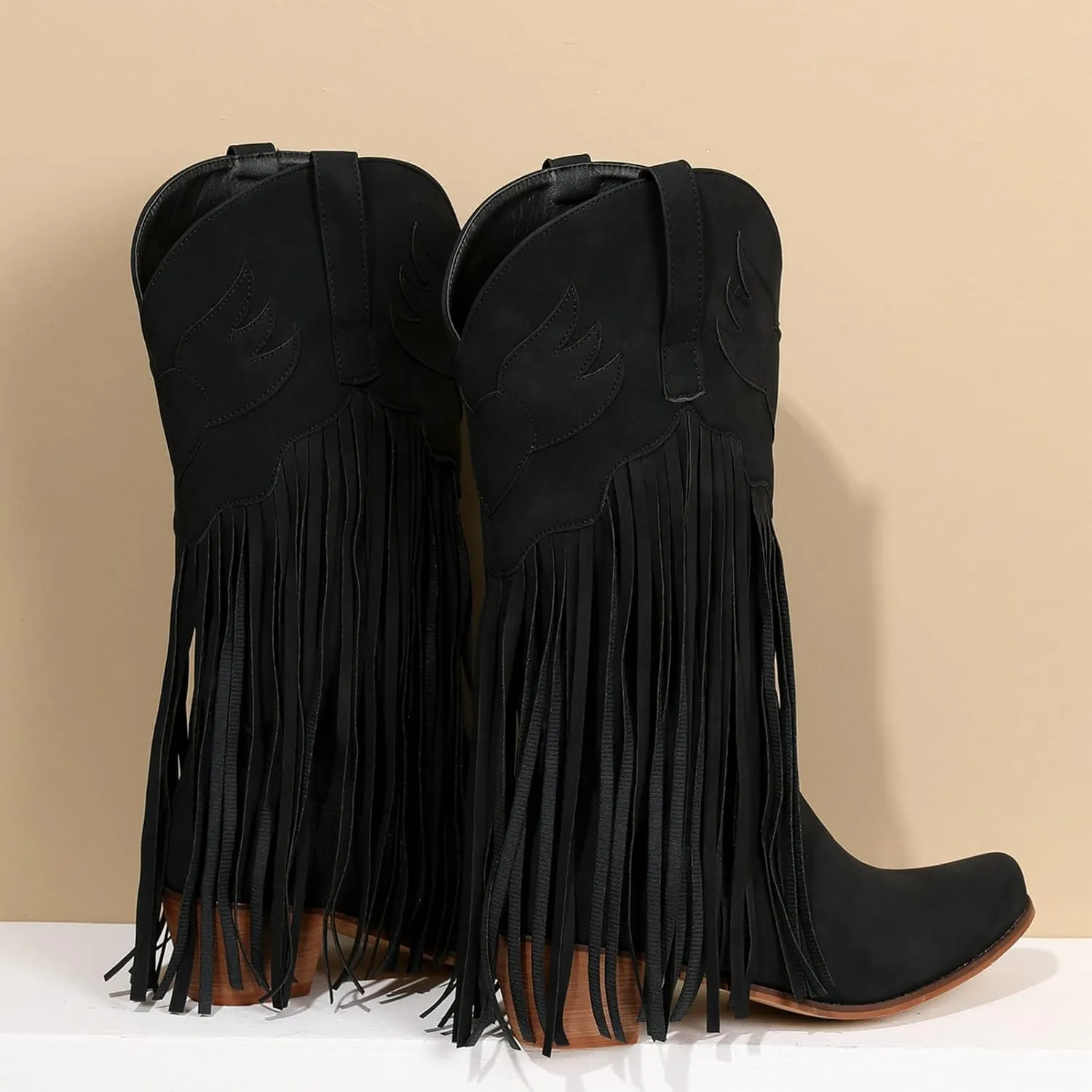 Meefit Women Fringe Cowboy Boots Square Toe Mid Calf Embroidered Western Boots,Tassel Cowgirl Boots Stacked Heel Retro Boots