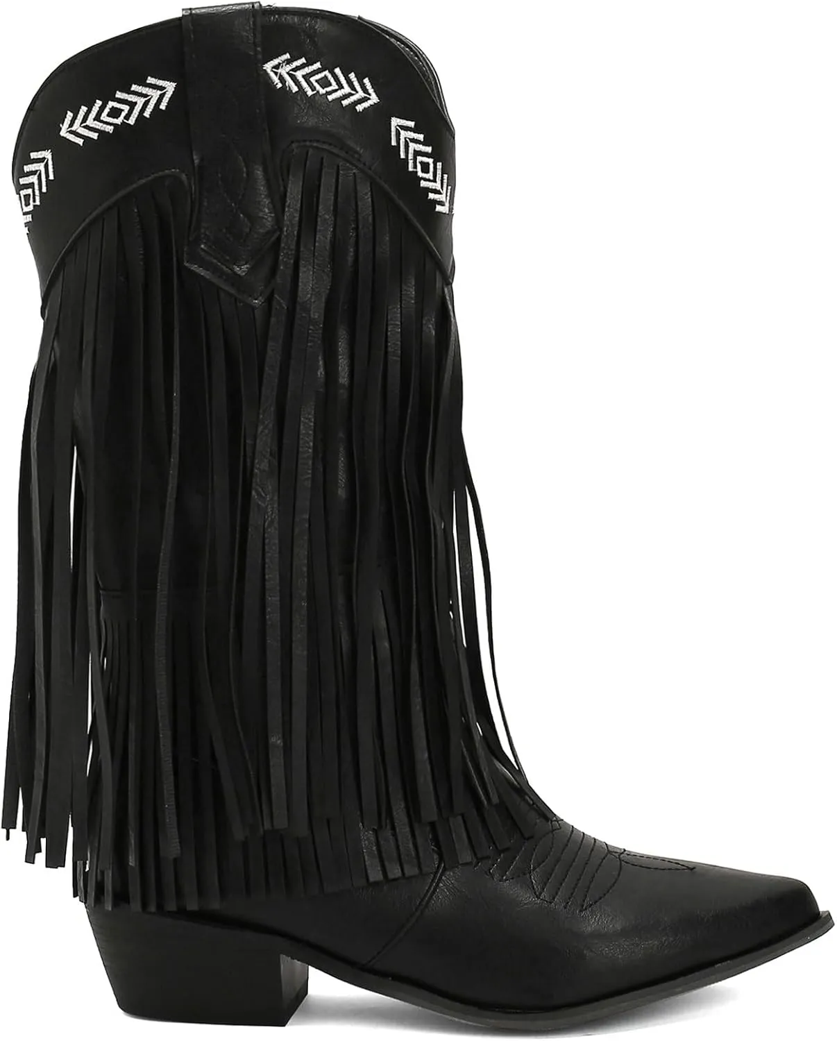 Meefit Women Fringe Cowboy Boots Square Toe Mid Calf Embroidered Western Boots,Tassel Cowgirl Boots Stacked Heel Retro Boots